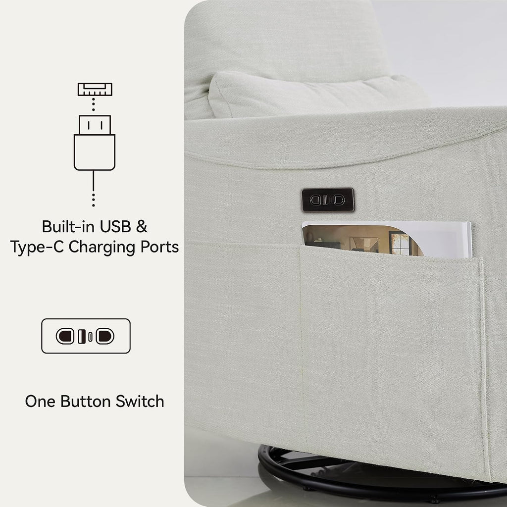 Power Swivel Rocker Recliner,Fabric Glider Recliner Nursery Chair,Small Rocking Chair,Single Reclining Sofa with Lumbar Support,USB&Type-C Ports,Living Room Home Threater Seat, Ivory White