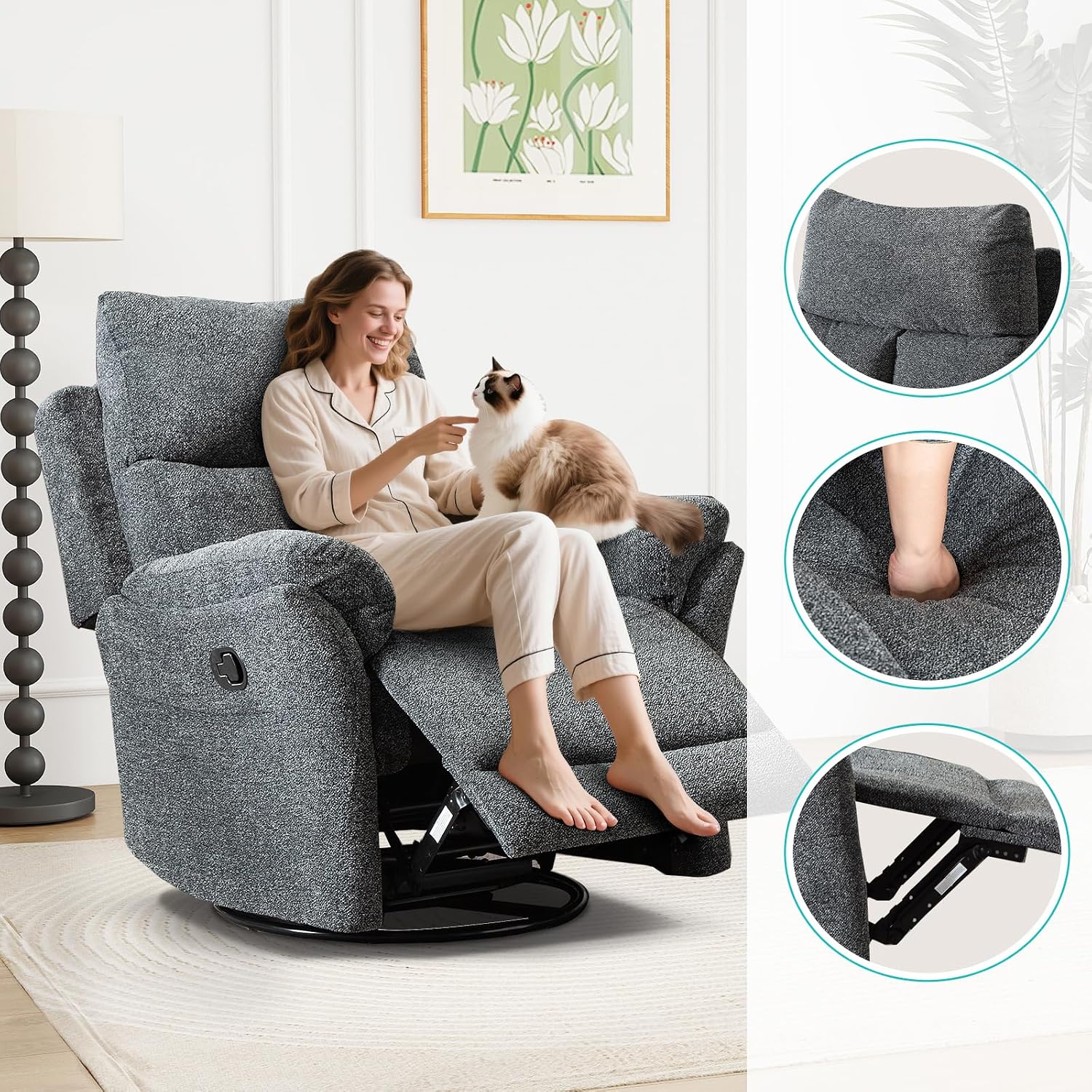 ANJ Swivel Rocker Recliner Chair Nursery, Manual Fabric Rocking Recliner, Modern Rocking Reclining Chairs for Living Room, Bedroom(Gray)