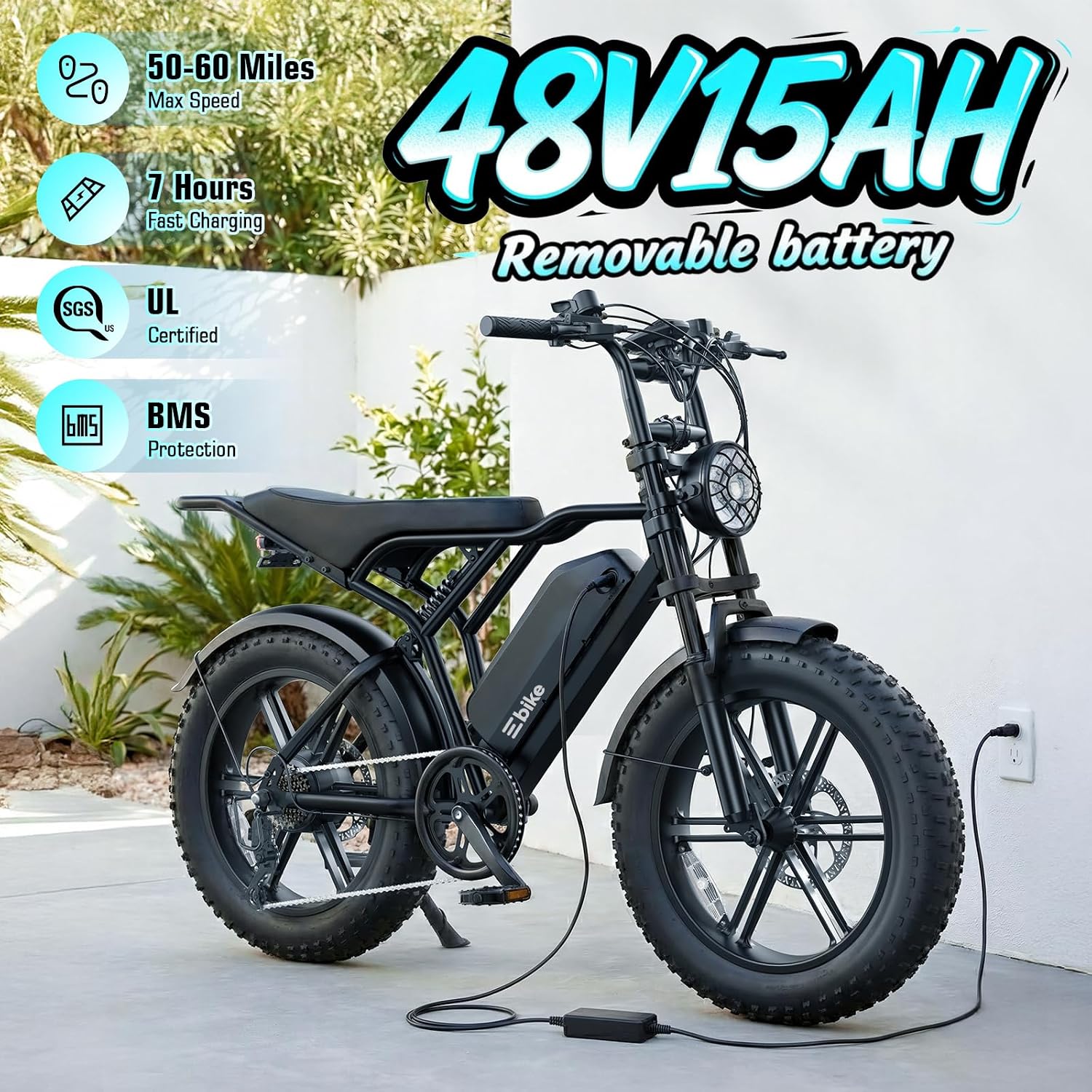 TST Electric Bike for Adults, 1500W Peak Motor 60/100 Miles Fat Tire Ebike with 48V 15Ah/25Ah Removable Battery 20' Electric Dirt Bike Full Suspension and 7-Speed