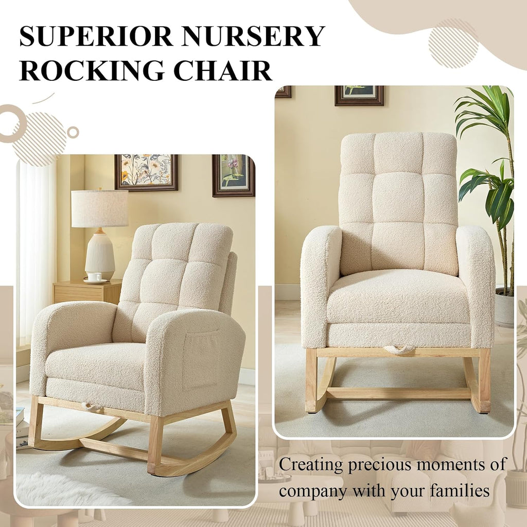 Nursery Rocking Chair, Polyester Upholstered Glider Chair with Footrest, Comfy Rocker Chair, Accent Chair with High Backrest, Glider Rocker, Armchair for Living Room (Beige Teddy)