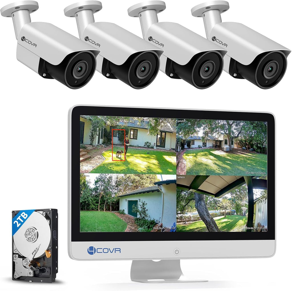4COVR 4K PoE Security Camera System with Monitor, 8CH 8MP H.265 UHD NVR with Monitor Pre-Installed 2TB HDD, 4Pcs 8MP IR Bullet Wired PoE IP Camera IP67, Person Vehicle Detection, LY37EX8MU804