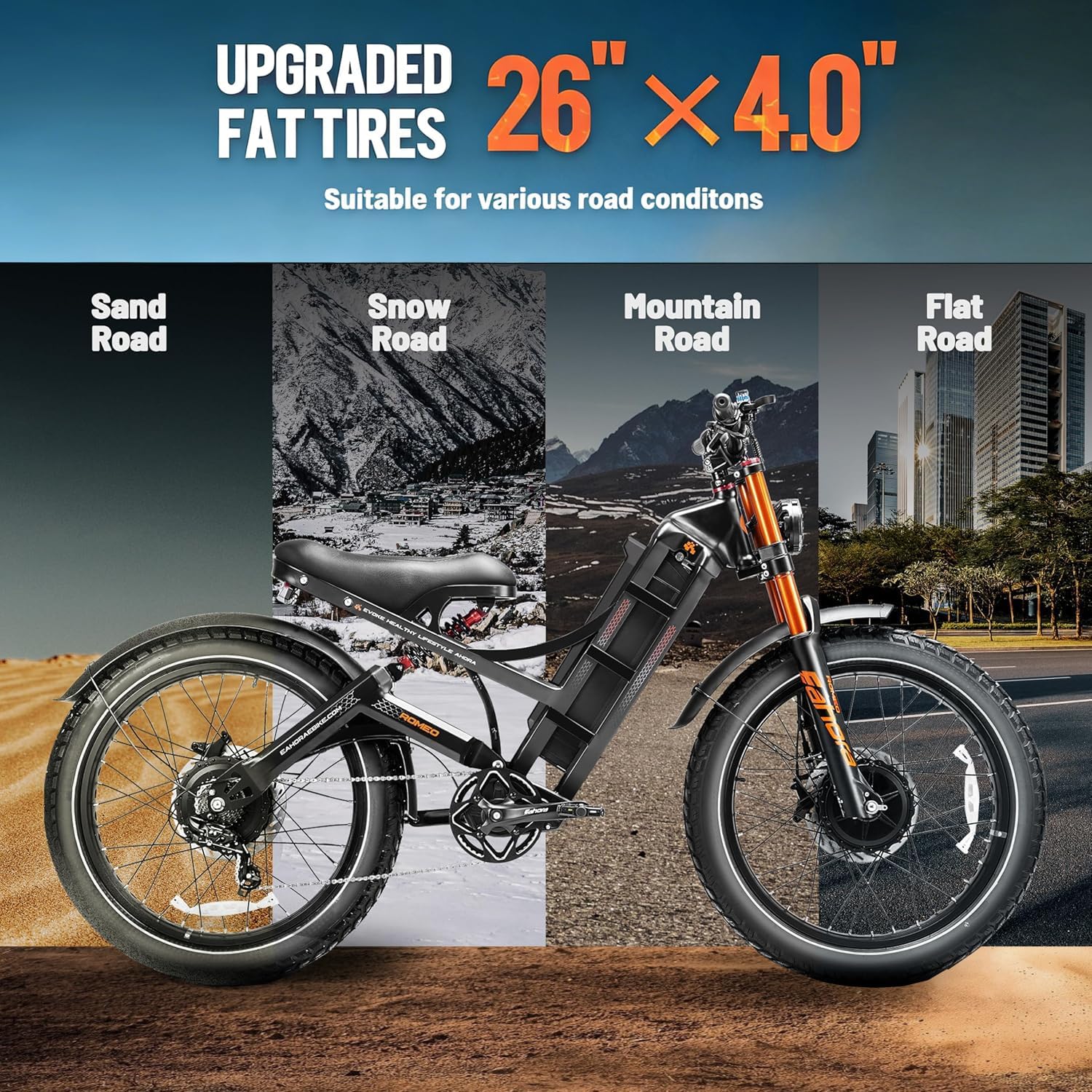 eAhora Romeo Pro 2 ebike-[2026 Latest] 46 MPH 4000W Dual Motor Ebike,52v 70Ah 200 Miles Long Range Electric Bike for Adults，26' Fat Tire Full Suspension Mountain Bike,Off-Road Fastest Electric Bike