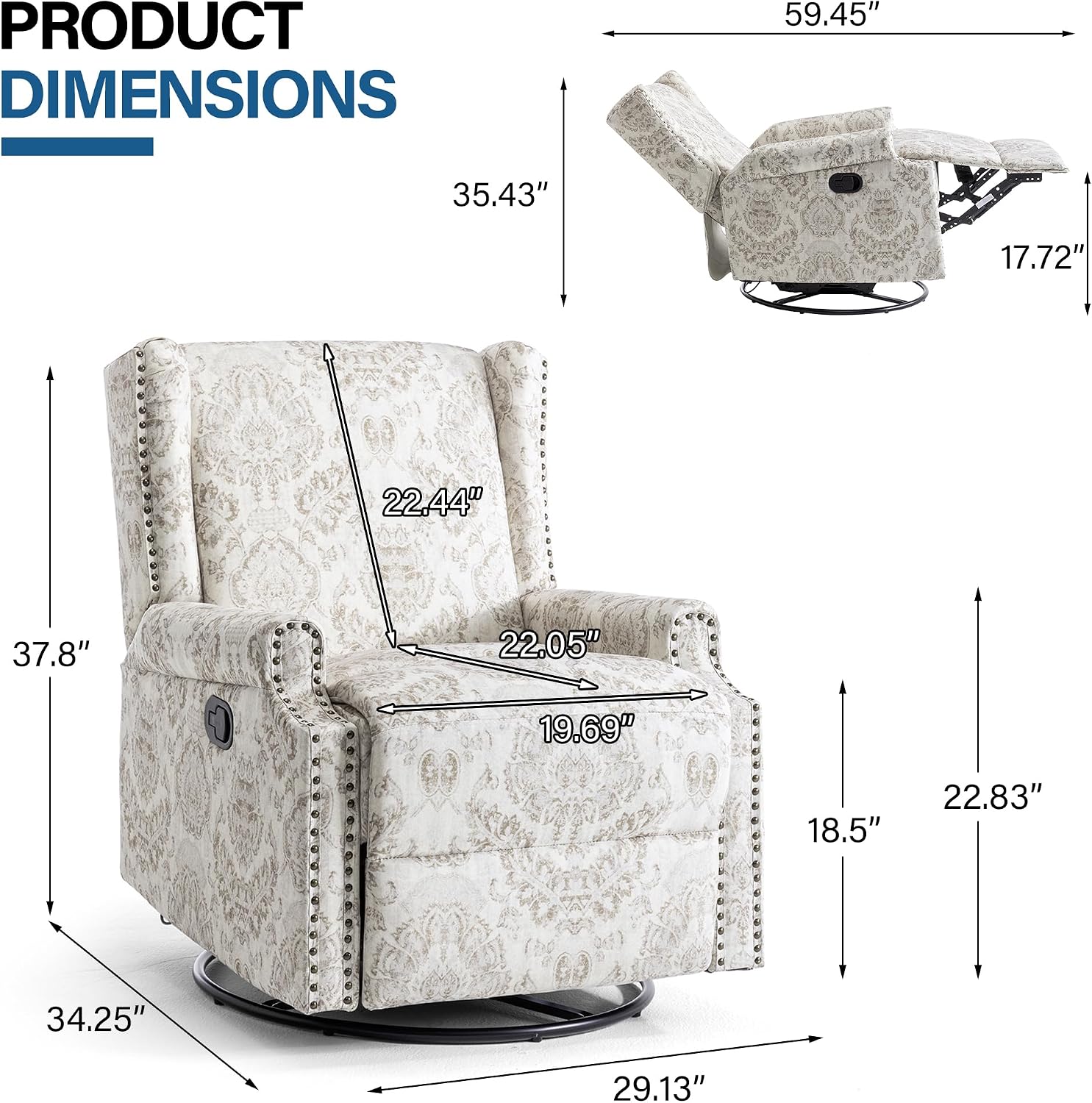 Lumibee Swivel Rocker Recliner Chairs, Printed Fabric Swivel Glider Rocking Chair with High Back, Upholstered Deep Seat Wingback Recliner Chair for Living Room Bedroom, Beige