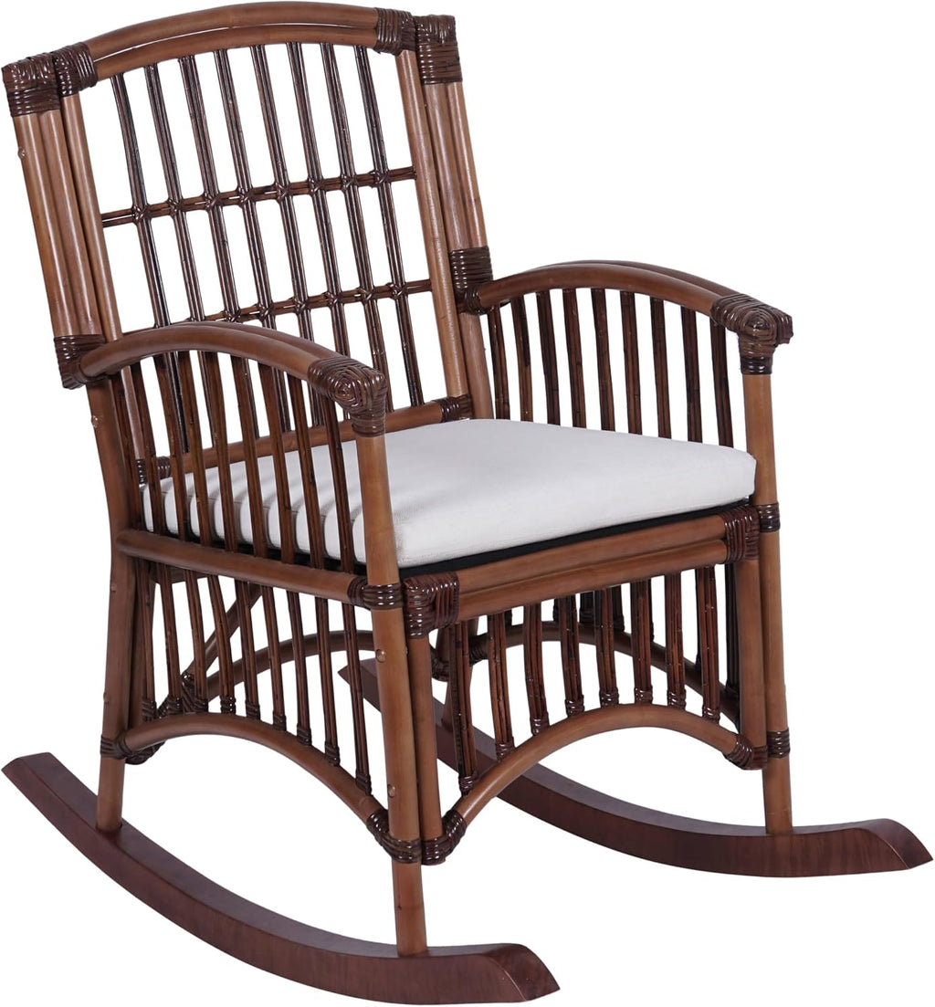 JONATHAN Y RCK200A Swayze Bohemian Farmhouse Woven Rattan/Wood Rocking Chair White Cushion with Brown Frame for Home, Living Room, Bedroom. Guestroom, Foyer, Library