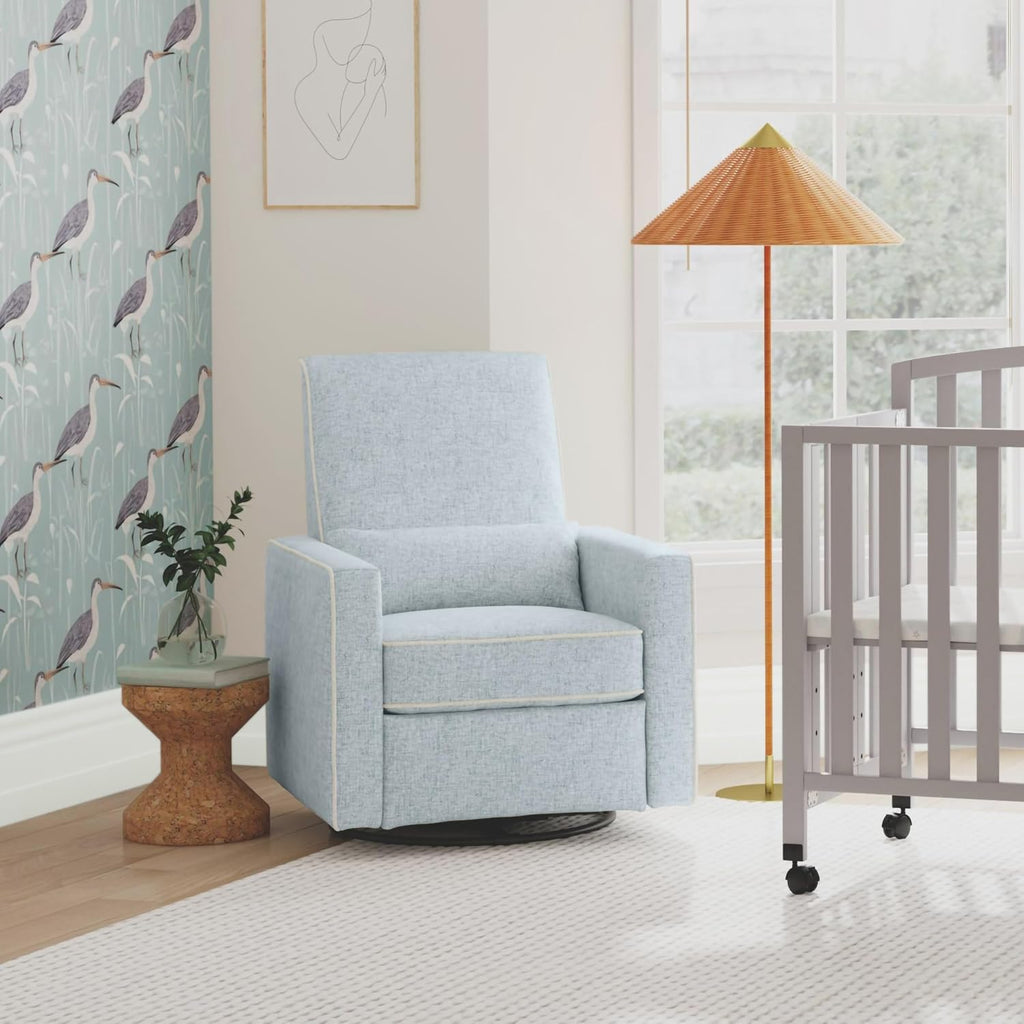 Davinci Piper Upholstered Recliner and Swivel Glider in Heathered Blue with Cream Piping, Greenguard Gold & CertiPUR-US Certified