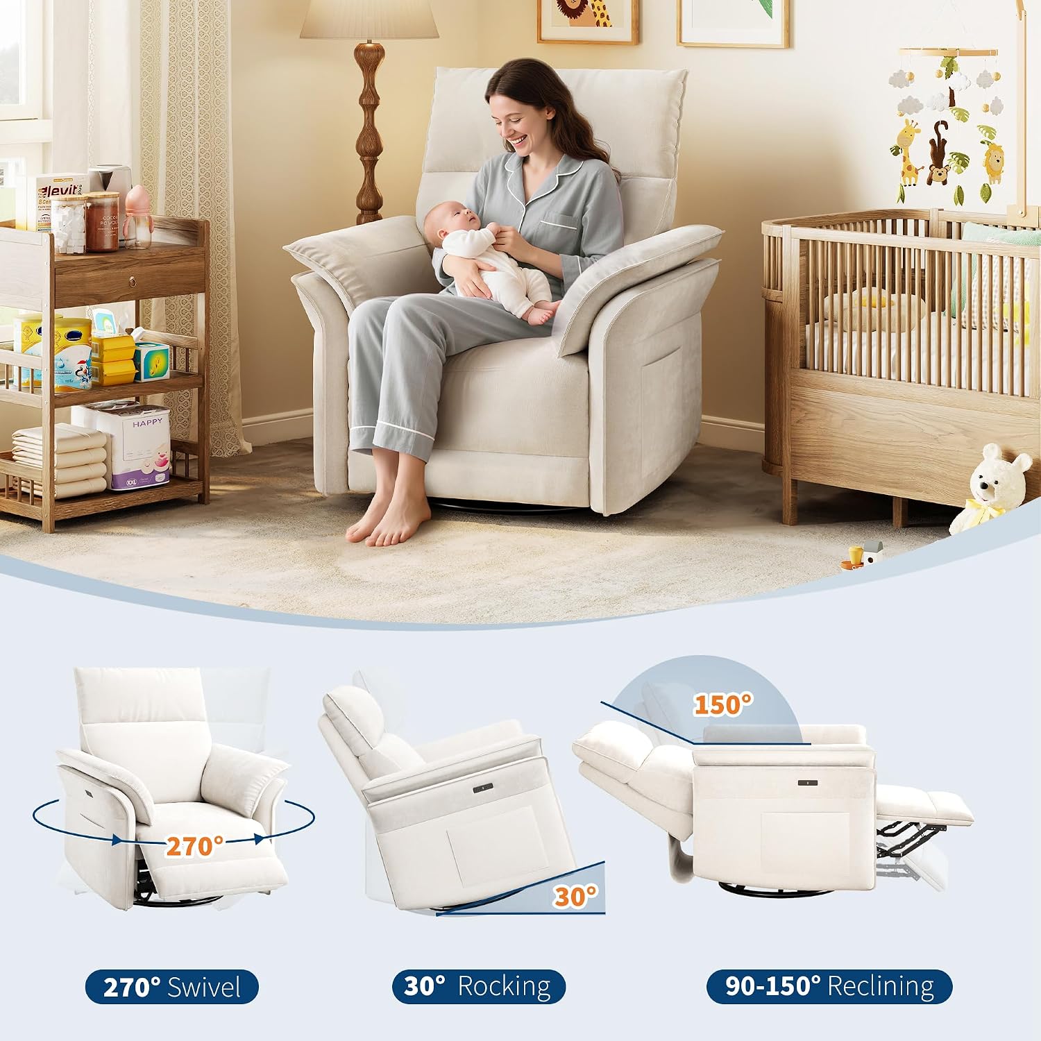 Garvee Power Recliner Glider Chair with Smooth Swivel and Rocking Motion Adjustable Recline USB Charging Port Premium Chenille Fabric and Double Armrests for Living Room and Nursery
