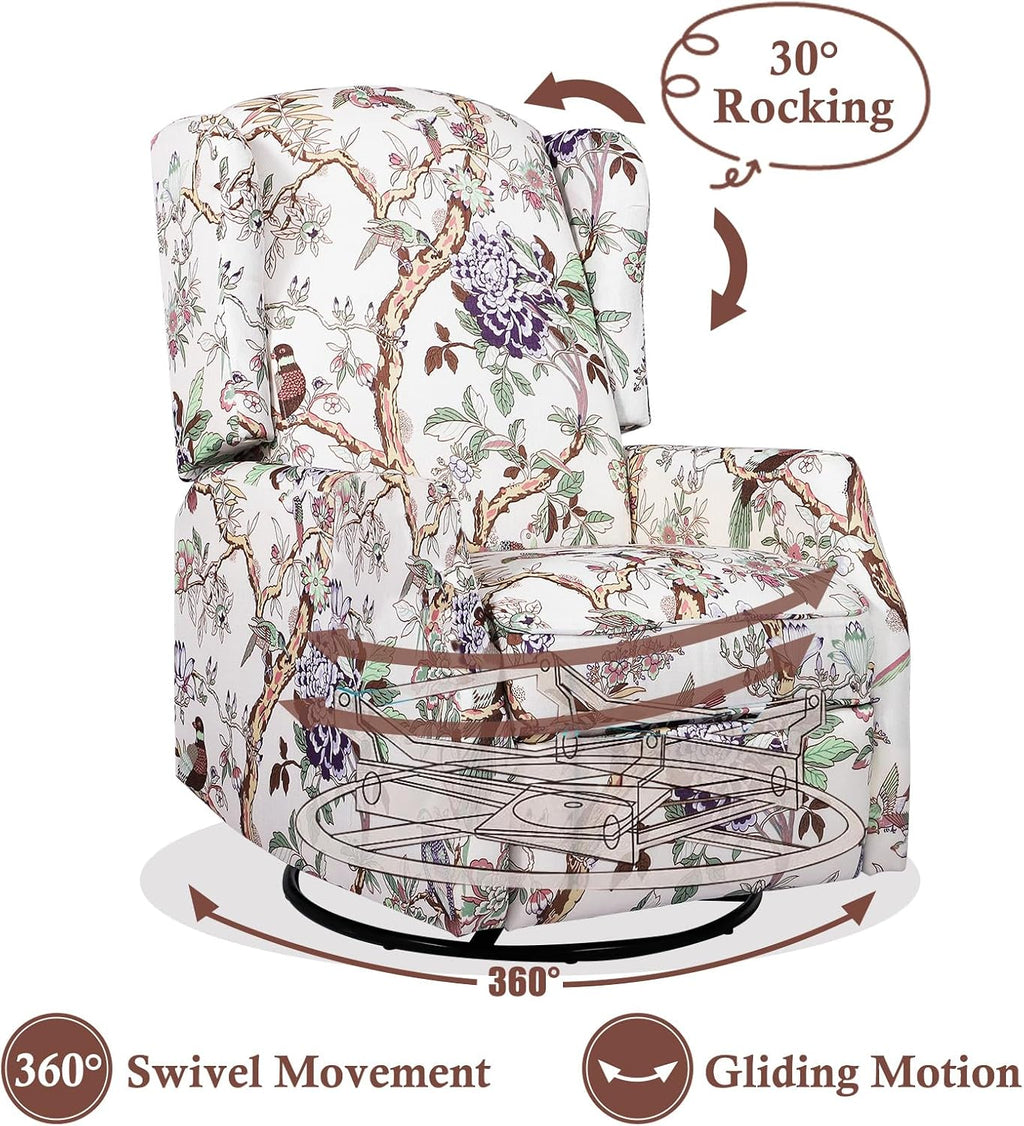 Swivel Rocker Recliner Chair, Glider Rocking Chair for Nursery, Floral Wingback Chair Recliner on Clearance, 360° Swivel Rocking Recliner Chair with Padded Seat for Living Room