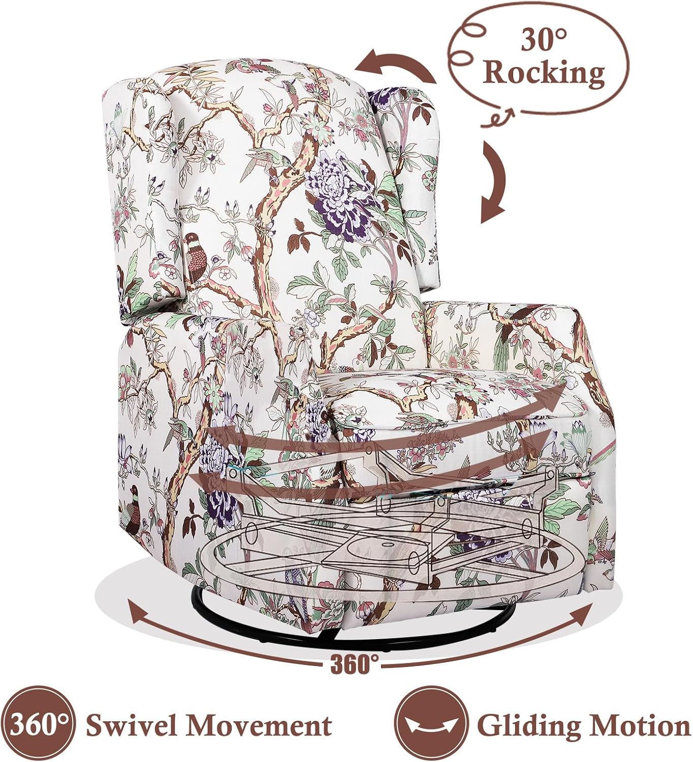 Swivel Rocker Recliner Chair, Glider Rocking Chair for Nursery, Floral Wingback Chair Recliner on Clearance, 360° Swivel Rocking Recliner Chair with Padded Seat for Living Room
