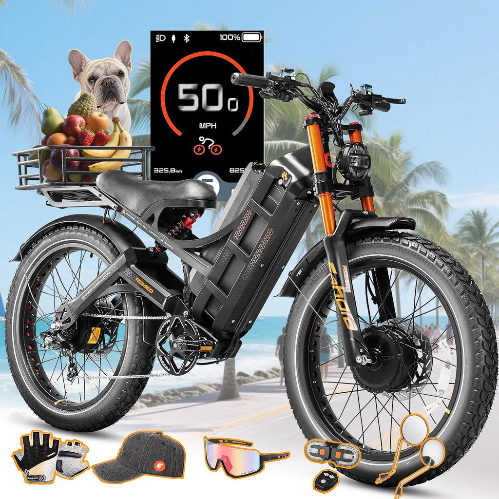 2026 eAhora Romeo Pro 3 Electric Bike for Adult, Peak 5600W Dual Motor, 50mph, 60V 80Ah Battery, 250 Miles Long Range, 26'*4.0 Fat Tire, Air Suspension, App, Commute, Delivery, All-terrian
