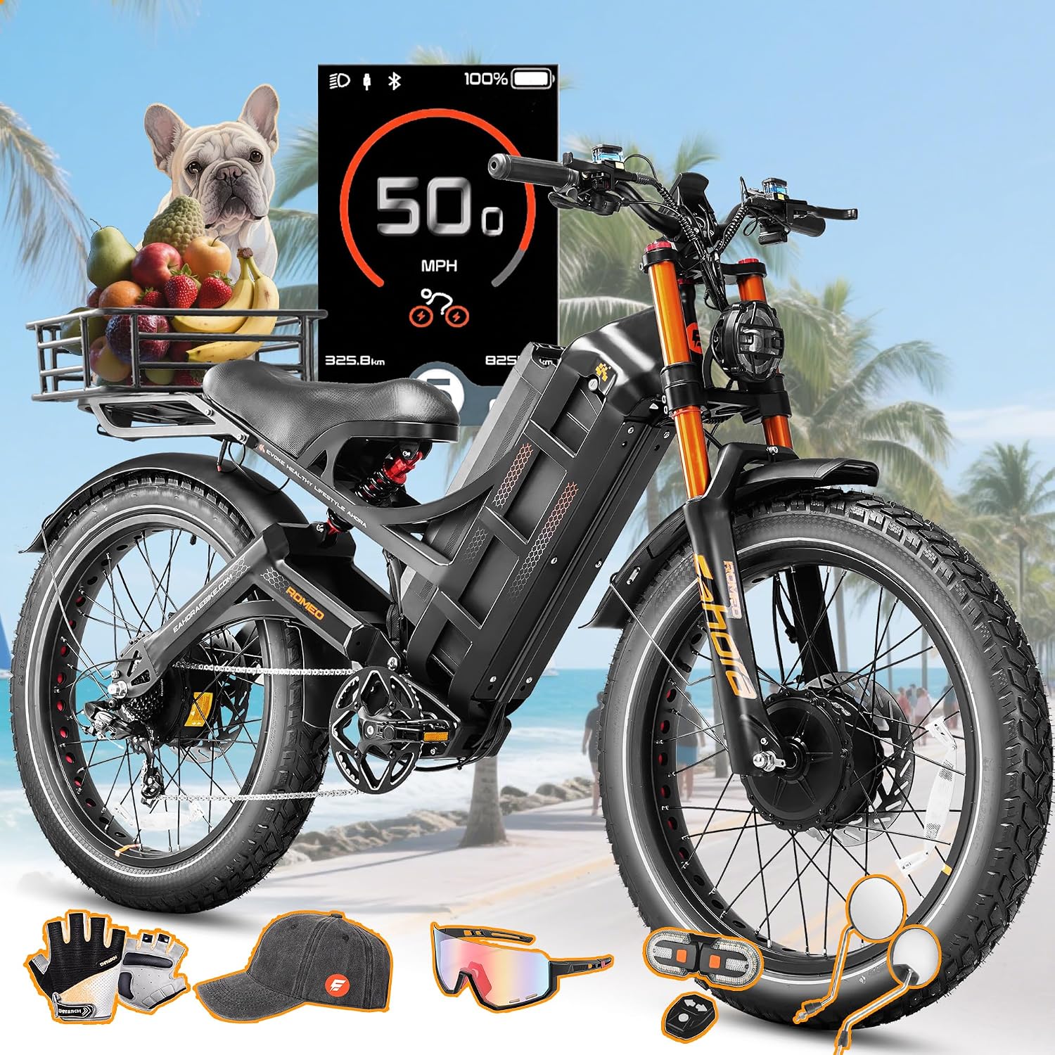 2026 eAhora Romeo Pro 3 Electric Bike for Adult, Peak 5600W Dual Motor, 50mph, 60V 80Ah Battery, 250 Miles Long Range, 26'*4.0 Fat Tire, Air Suspension, App, Commute, Delivery, All-terrian