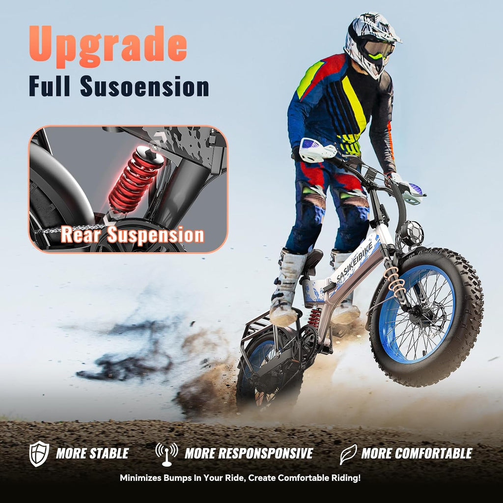 SASIKEIBIKE 1500W Electric Bike for Adults Full Suspension,48/52v 20AH Electric Dirt Bike with 20' x 4.0 Fat Tire,70 Miles Electric Bicycle, Ebike for Snow, Mountains, Road UL Certified