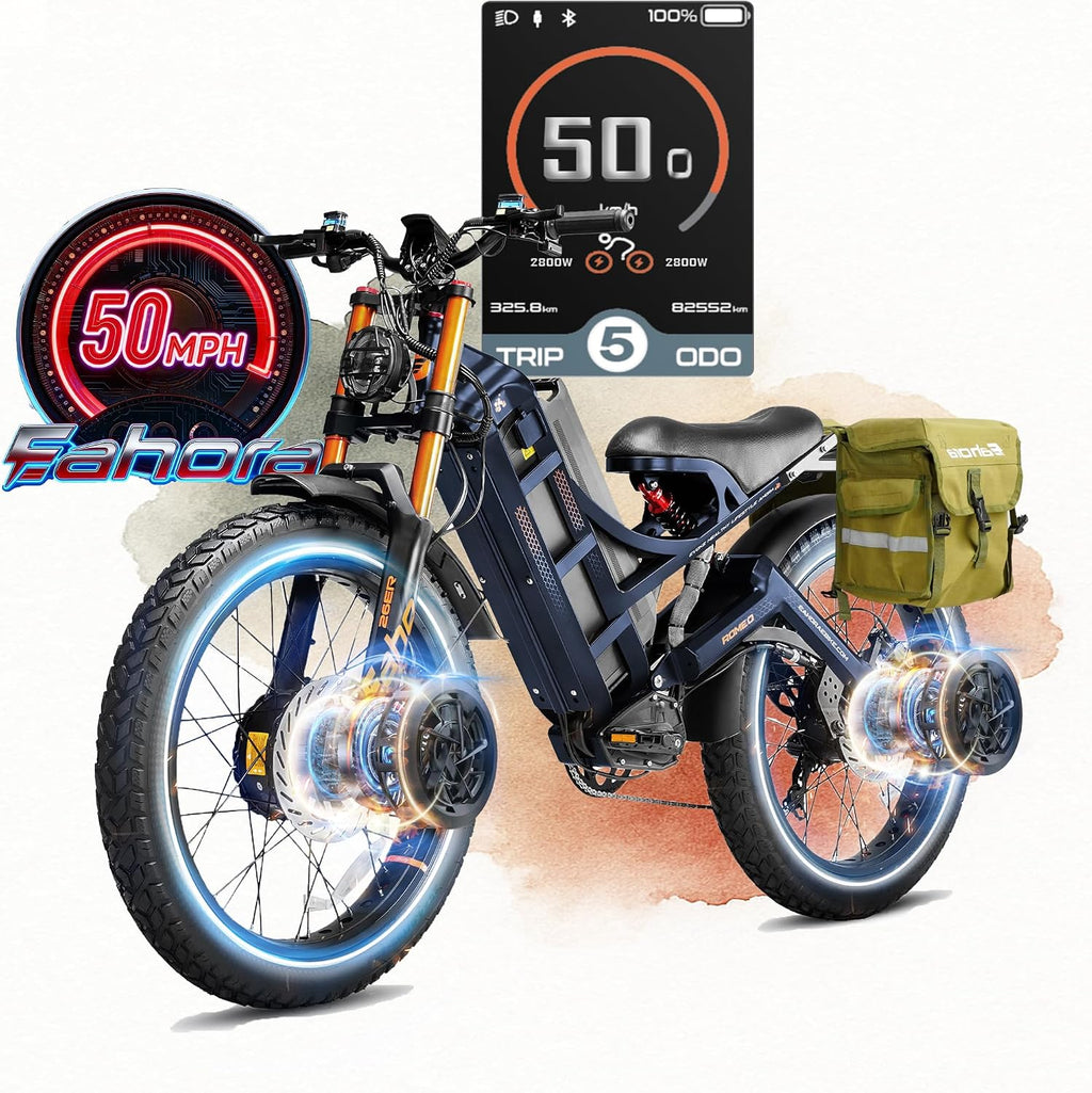 eAhora 2026 Romeo Pro 3 5600W 50Mph High-Torque Ebike, 60V 80Ah 250-Mile Long Range Electric Bike for Adults, Adjustable Air Suspension, 26'' Puncture-Proof Tire, UL 2849 Certified by TÜV