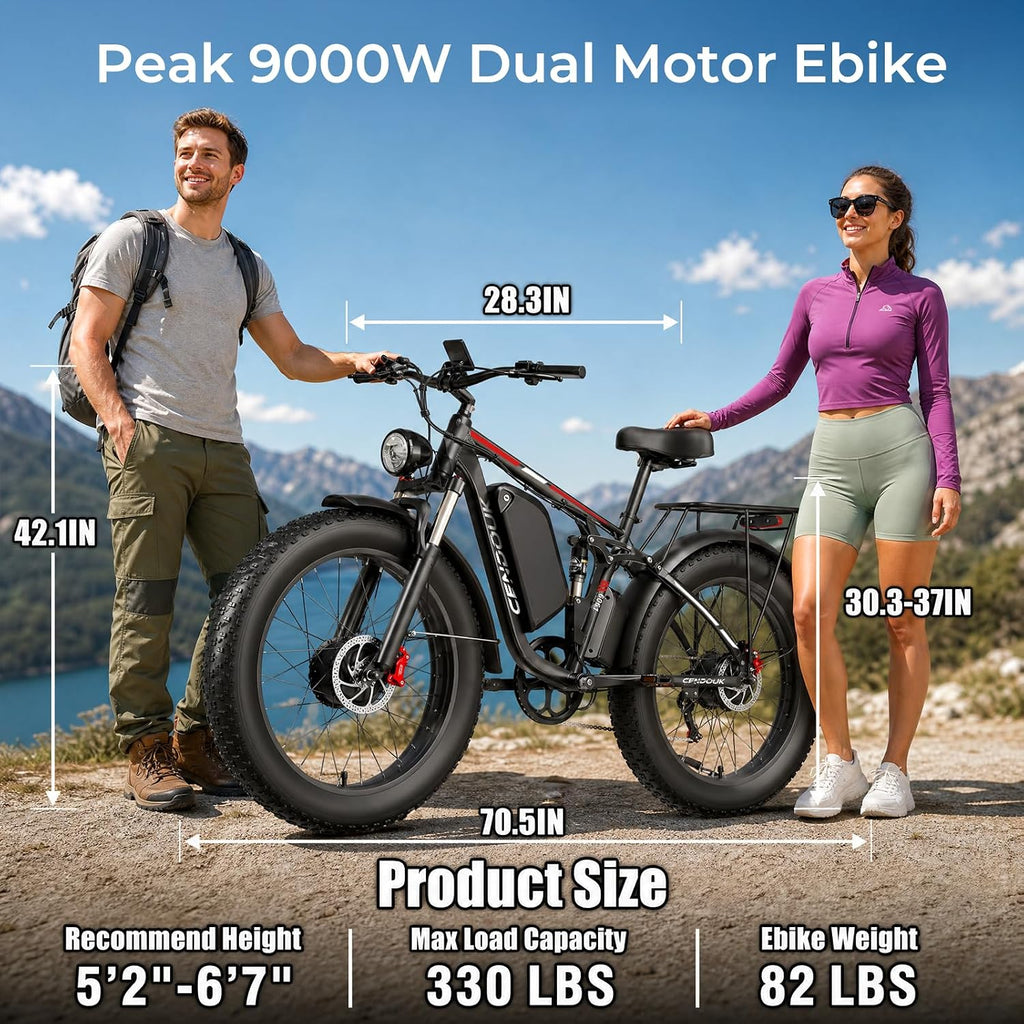 Peak 9000W Dual Motor Ebike for Adults, 58V Max-Output Battery 24Inch Fat Tire Electric Bike, Max 47MP H Speed & 105 Miles Range, Hydraulic Disc Brakes Full Suspension