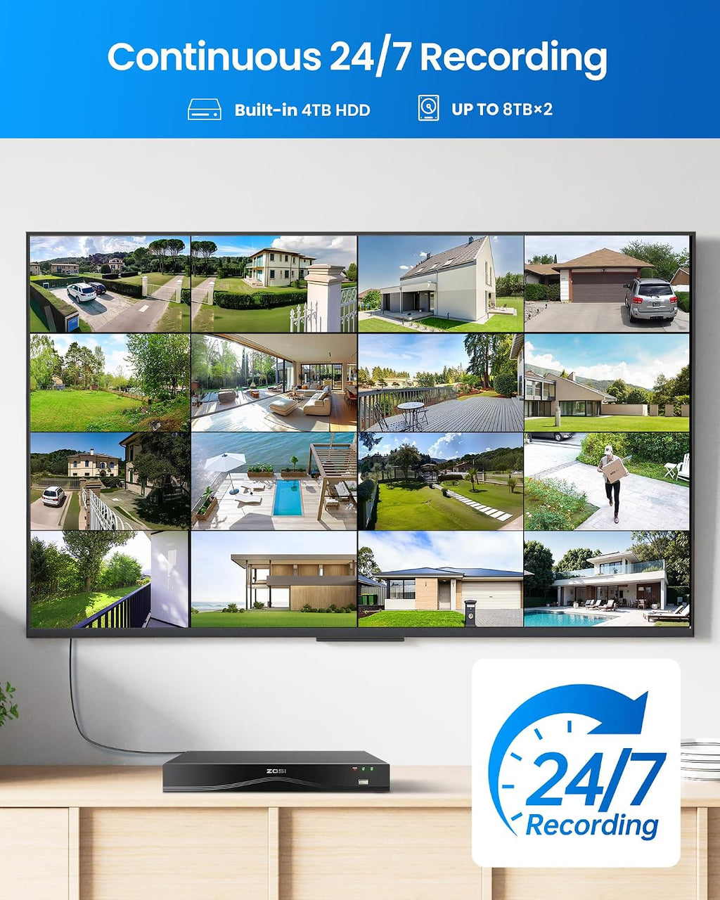 ZOSI 16CH 4K PoE Security Camera System, 8pcs 8MP Outdoors Cameras with Audio, People Counting, Person/Vehicle Detection, Night Vision, 16 Port 32CH NVR with 4TB HDD for Home Business 24/7 Recording