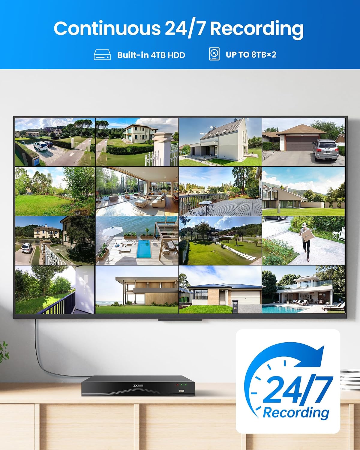 ZOSI 32CH 4K PoE Security Camera System, 12pcs 8MP Outdoor Indoor Cameras with Audio, Person/Vehicle Detection, Dual Disk Backup, H.265+ 16Port 32-Channel NVR with 4TB HDD for Business 24/7 Recording