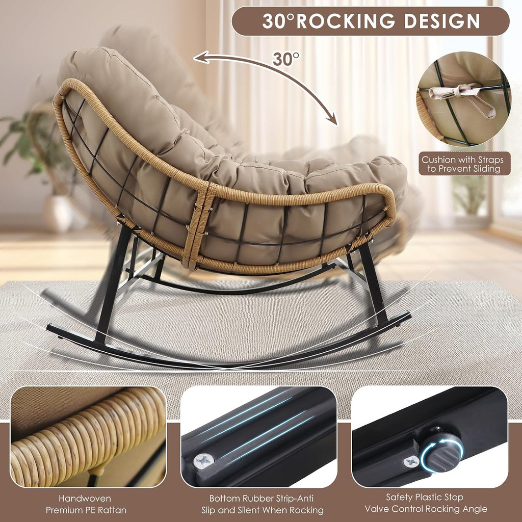 RADIATA Double Papasan Rocking Chair with Ottomans, Oversized Egg Rocking Chairs for 2, Large Wide Loveseat Recliner with Comfy Cushion for Indoor Outdoor Patio Garden, Brown