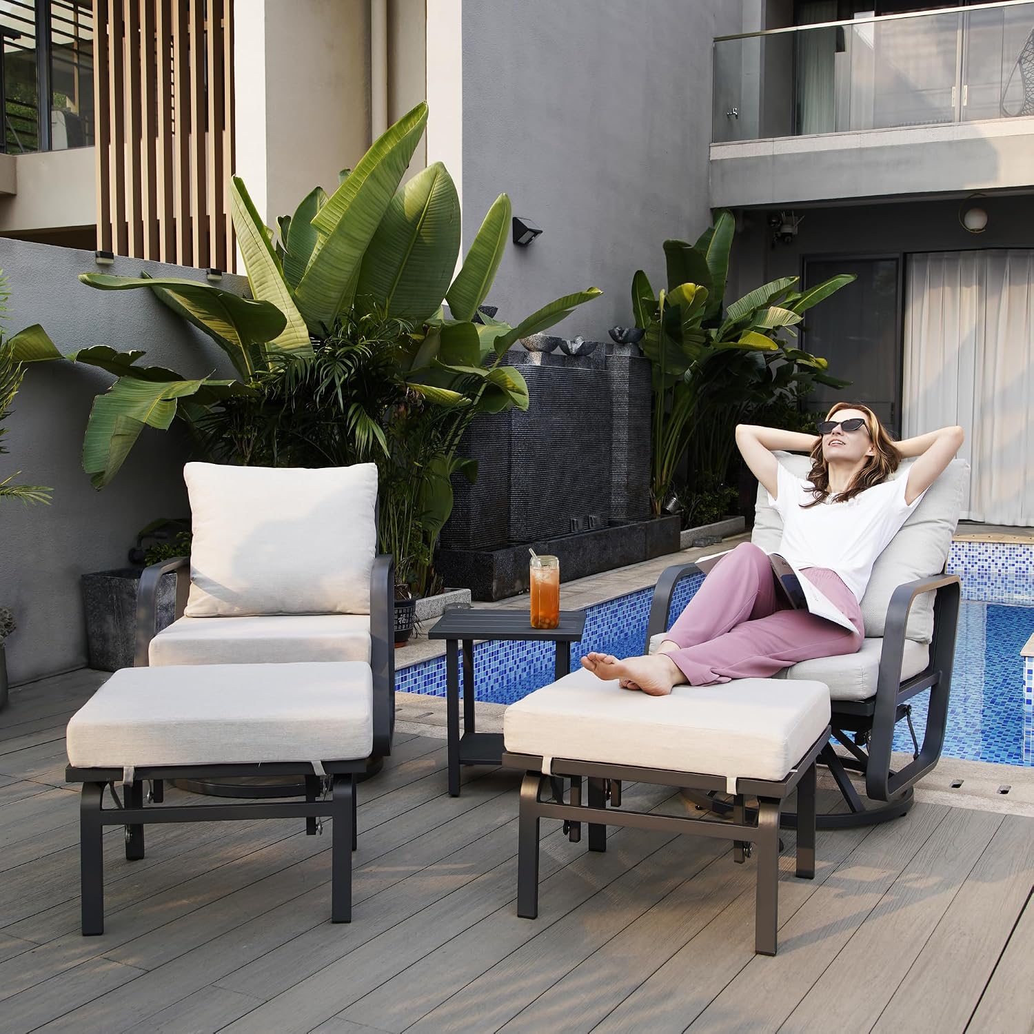 Patio Glider Swivel Rocker Sets: 5Pieces Aluminum Alloy Ensemble with 360° Swivel Rocking Glider Chairs, Rust-Resistant Frame Gray Cushions -Perfect for Decoration (2 Glider chairs& 2Ottomans+1Table)