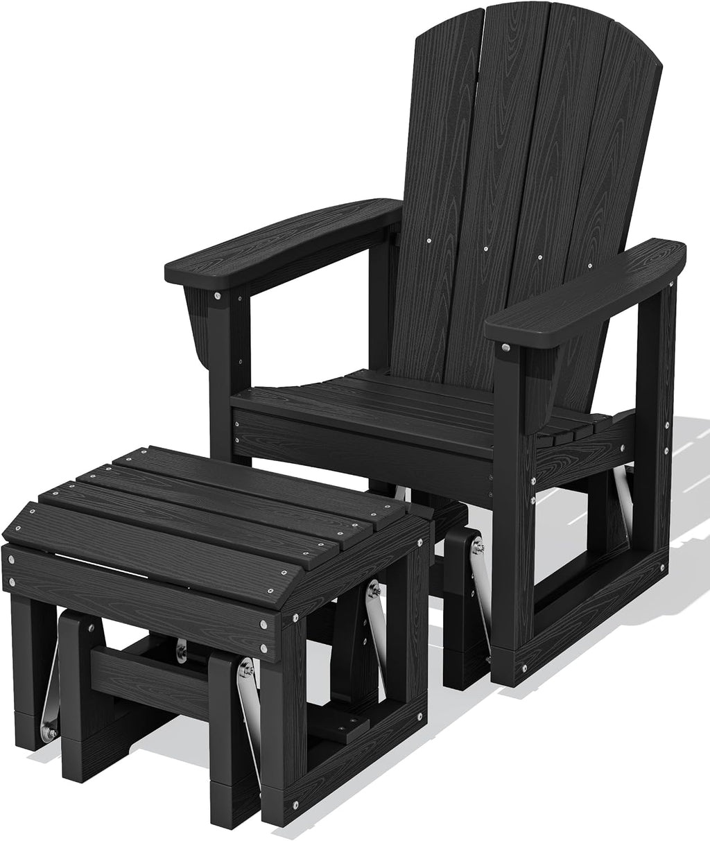 SERWALL Outdoor Glider Chair with Ottoman, HDPE Wood-Like Patio Glider Set All-Weather Porch Glider for Outside, Black