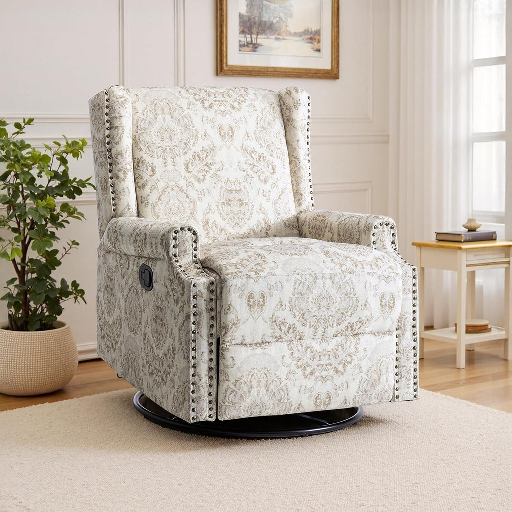 Lumibee Swivel Rocker Recliner Chairs, Printed Fabric Swivel Glider Rocking Chair with High Back, Upholstered Deep Seat Wingback Recliner Chair for Living Room Bedroom, Beige