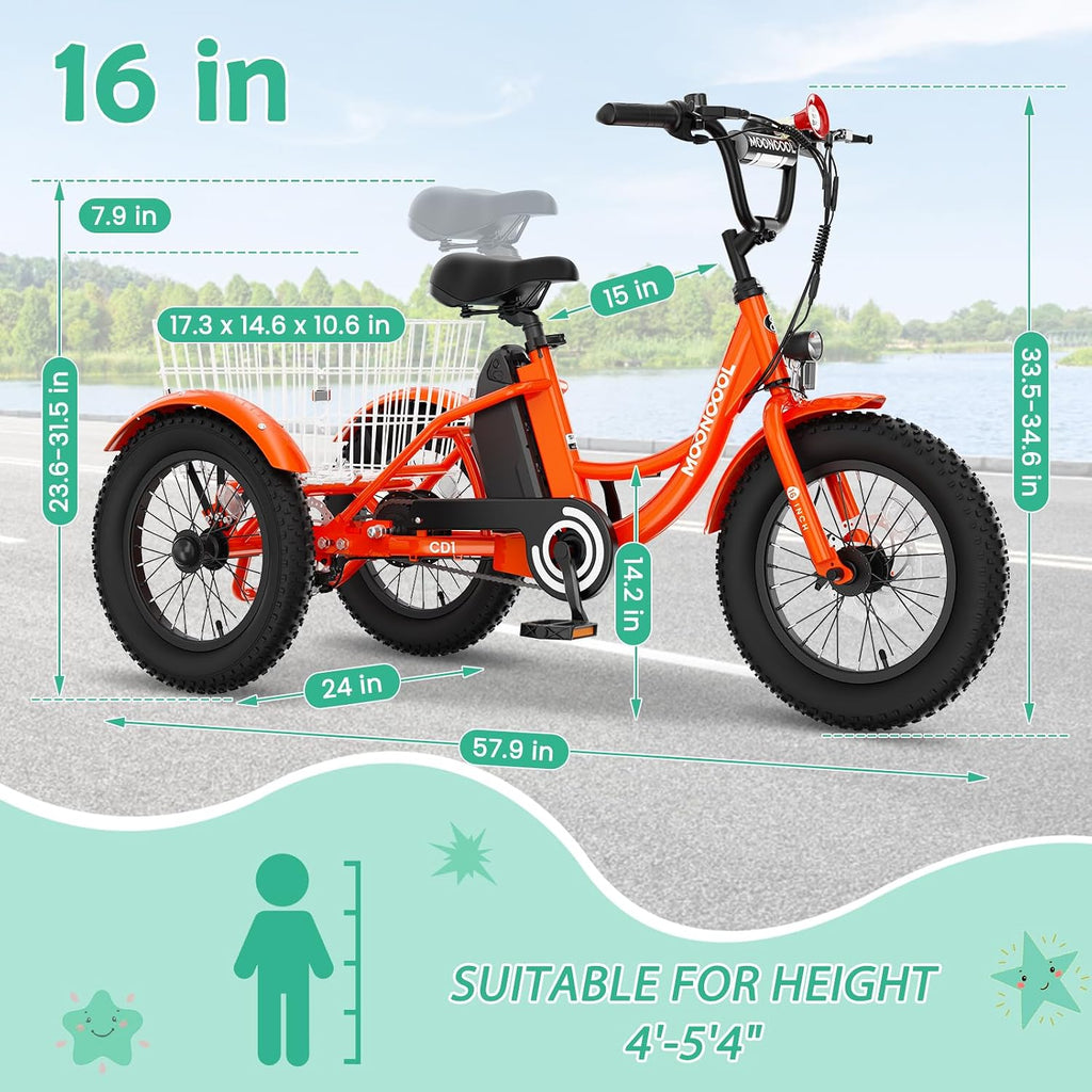 LILYPELLE Electric Tricycle for Youth, 250W Aluminum Frame Electric Tricycle Etrike, 16IN 3 Wheels Electric Bicycle Bikes, 3.0 Fat Tire Electric Trike with Removable Battery and Rear Basket