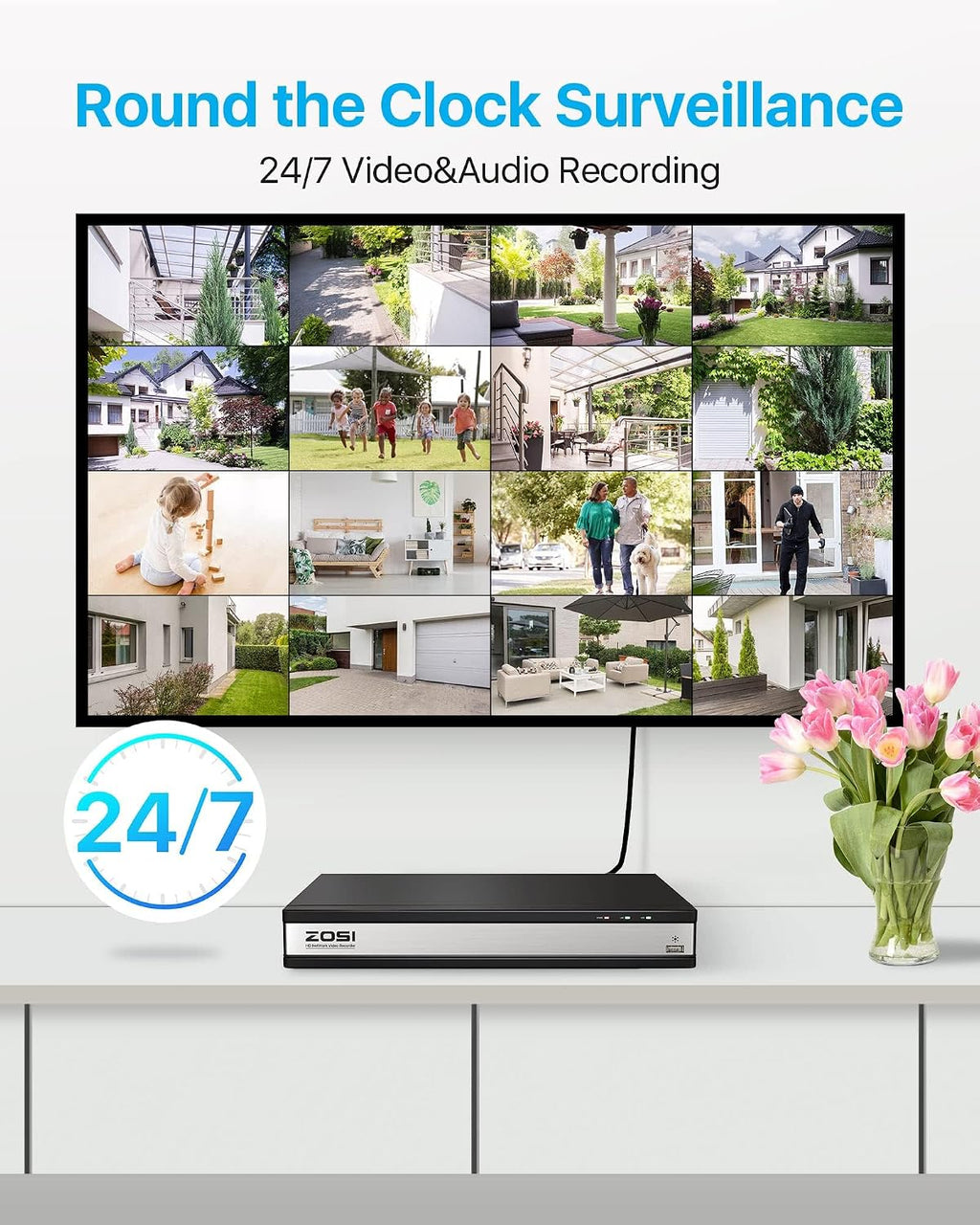 ZOSI 4K 16CH PoE Security Camera System, 16pcs 8MP Outdoor Indoor Cameras, Spotlight Siren, Two-Way Audio, AI Human Detection, 16 Channel Surveillance NVR with 4TB HDD for 24/7 Recording