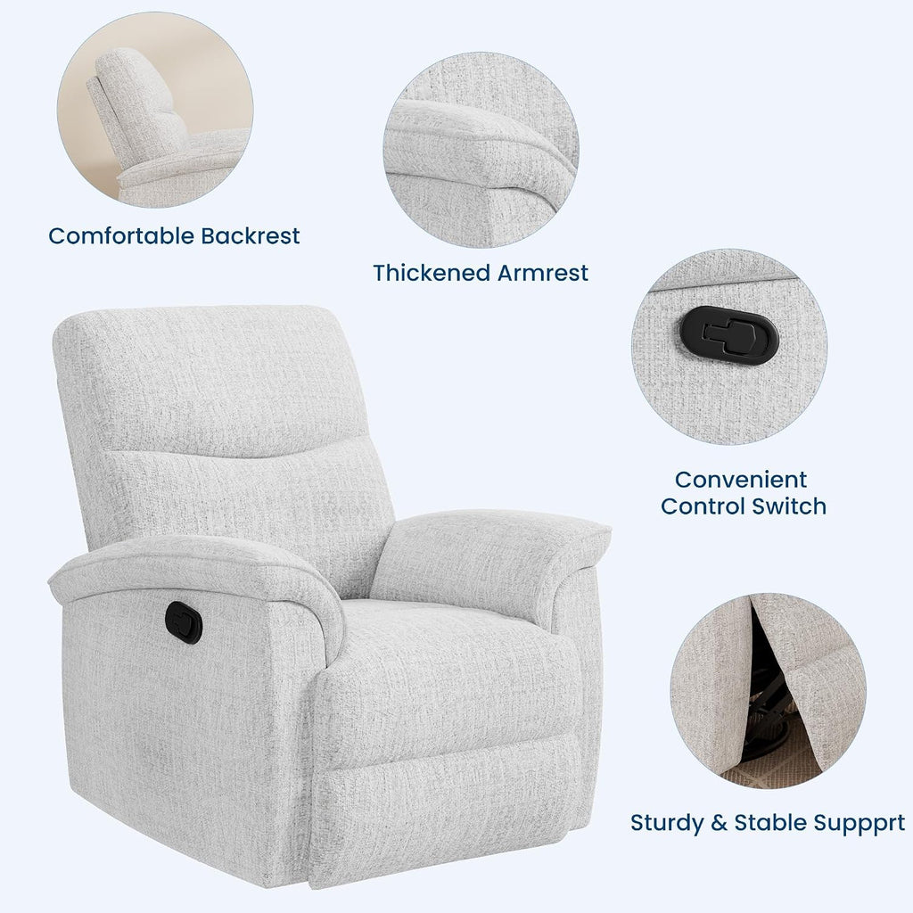 GarveeHome Recliner Chair, 360° Swivel Rocker Glider Nursery Chair with Padded Armrest and Deep Seat, PU Leather Upholstered Reclining Sofa Chair for Living Room, Bedroom and Nursery (White)