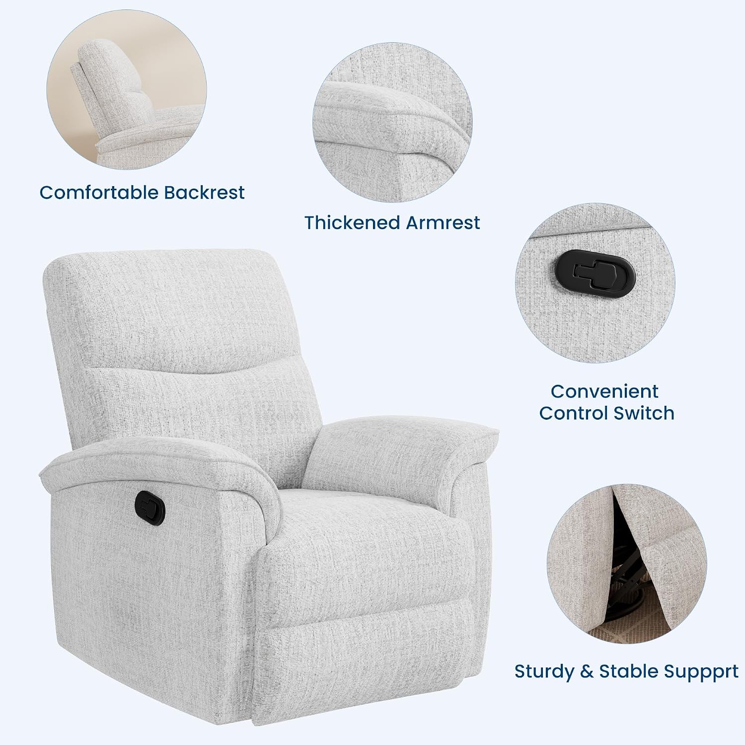 GarveeHome Recliner Chair, 360° Swivel Rocker Glider Nursery Chair with Padded Armrest and Deep Seat, PU Leather Upholstered Reclining Sofa Chair for Living Room, Bedroom and Nursery (White)