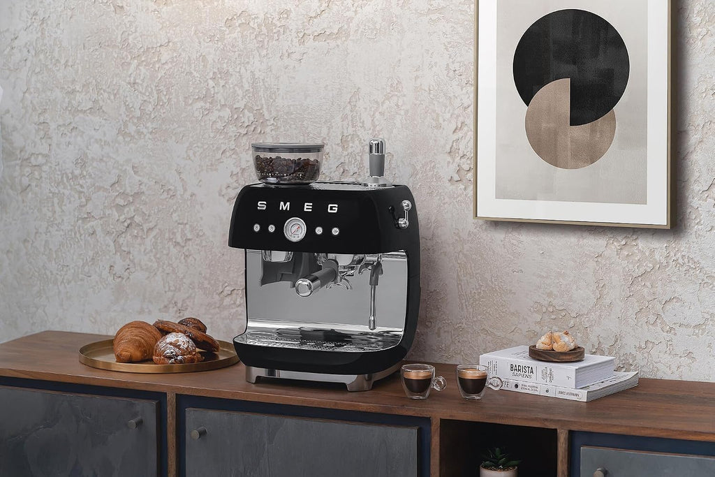 Smeg EGF03 Semi-Automatic Espresso Machine with Built-In Grinder, Dual Thermoblock, 50's Retro Style – Black (120 V)