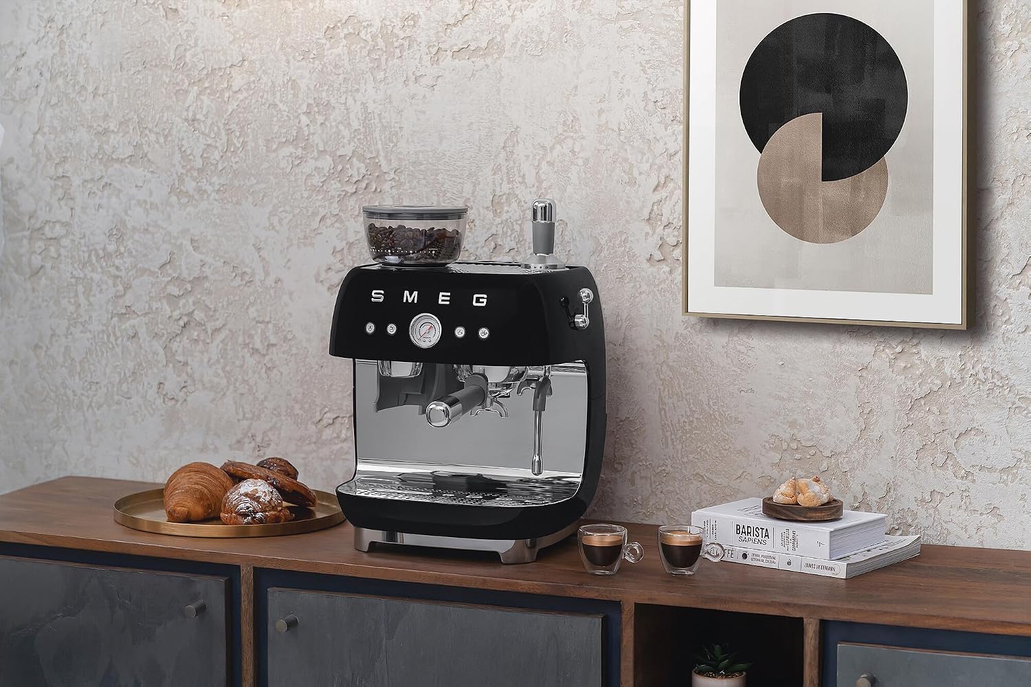 Smeg EGF03 Semi-Automatic Espresso Machine with Built-In Grinder, Dual Thermoblock, 50's Retro Style – Black (120 V)