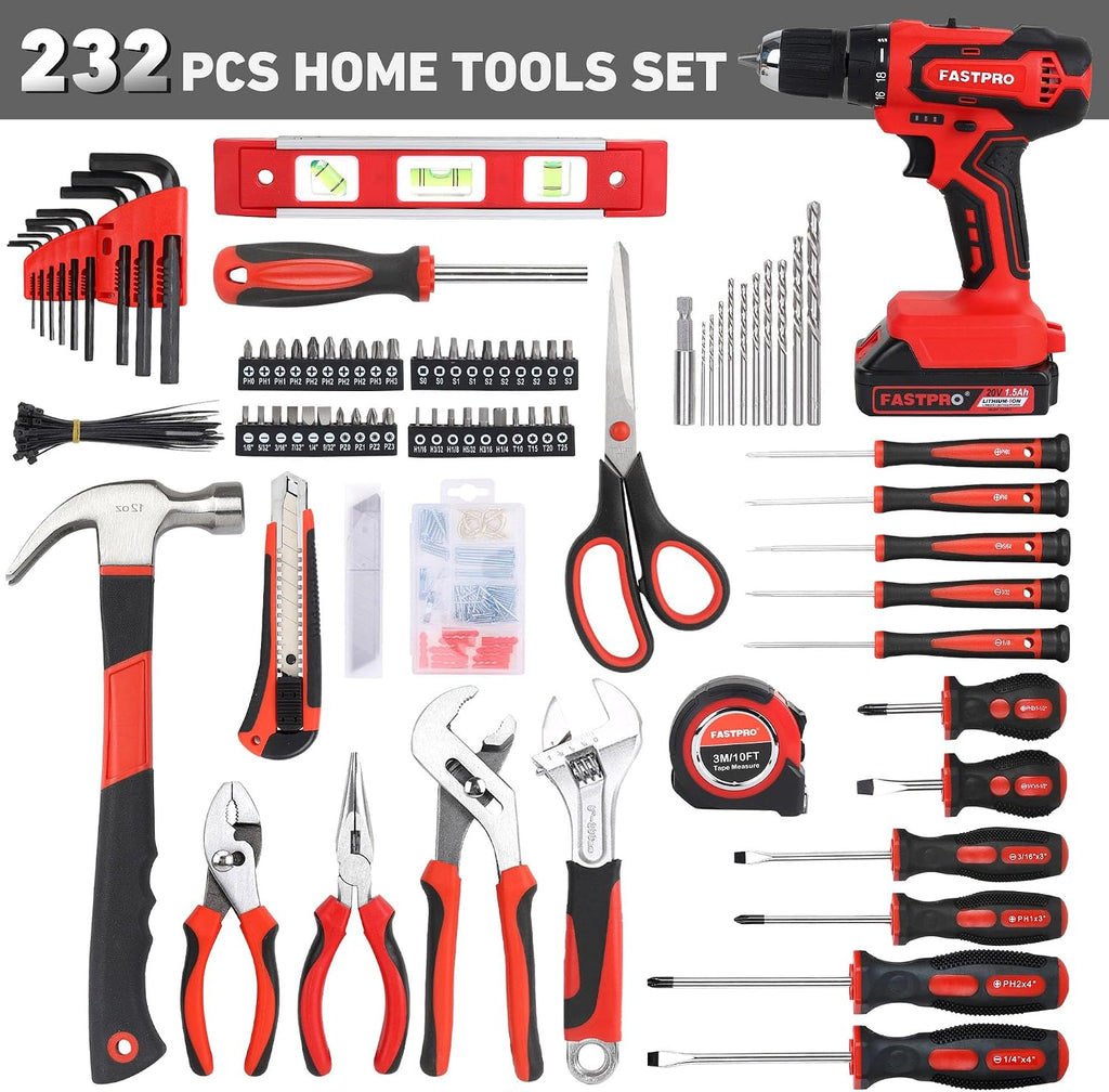 FASTPRO 232-Piece Home Tool Set with Drill, 20V Cordless Drill Driver, Household Repairing Tool Kit with Drill, 12-Inch Wide Mouth Storage Tool Bag Included, Red