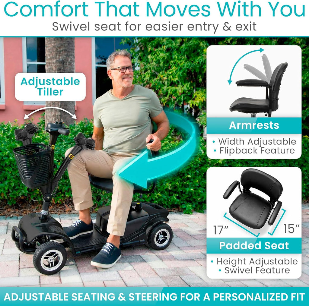 Vive 4 Wheel Mobility Scooter - Electric Powered Wheelchair Device - Compact Heavy Duty Mobile for Travel, Adults, Elderly - Long Range Power Extended Battery with Charger & Basket