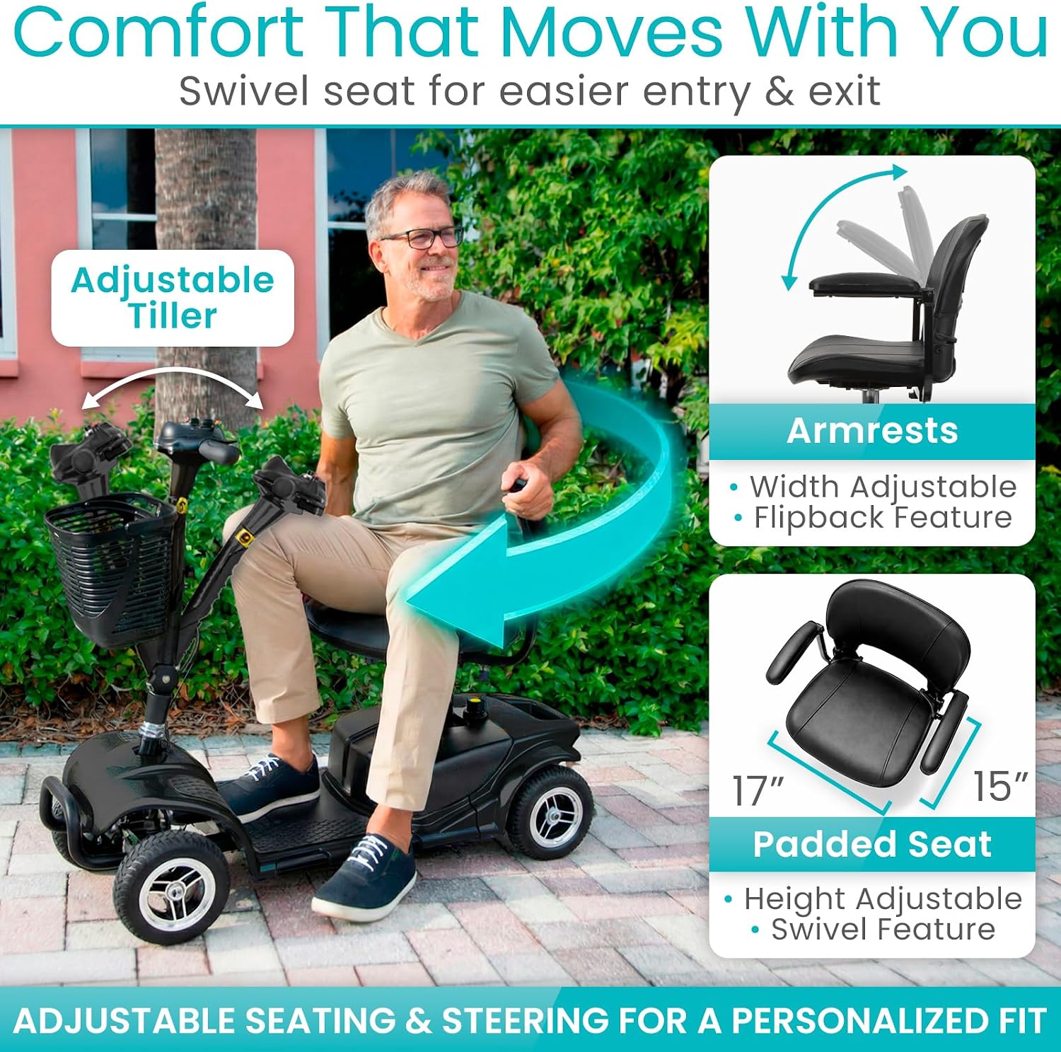 Vive 4 Wheel Mobility Scooter - Electric Powered Wheelchair Device - Compact Heavy Duty Mobile for Travel, Adults, Elderly - Long Range Power Extended Battery with Charger & Basket