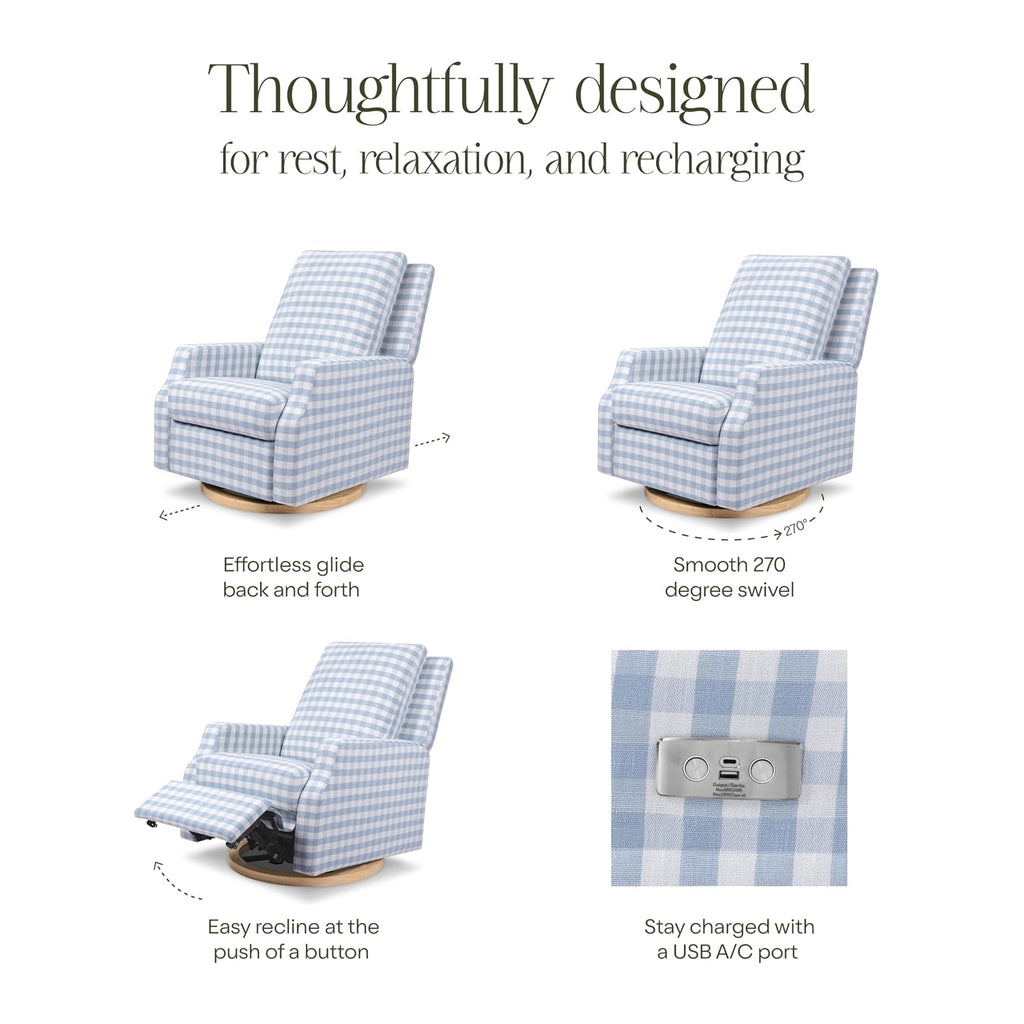 Namesake Crewe Glider Recliner Nursery Chair - GREENGUARD Gold & Certi-PUR US Certified Rocker Recliner - Glider Rocking Chair for Nursery & Living Room - Electronic, 270° Swivel, Blue Gingham