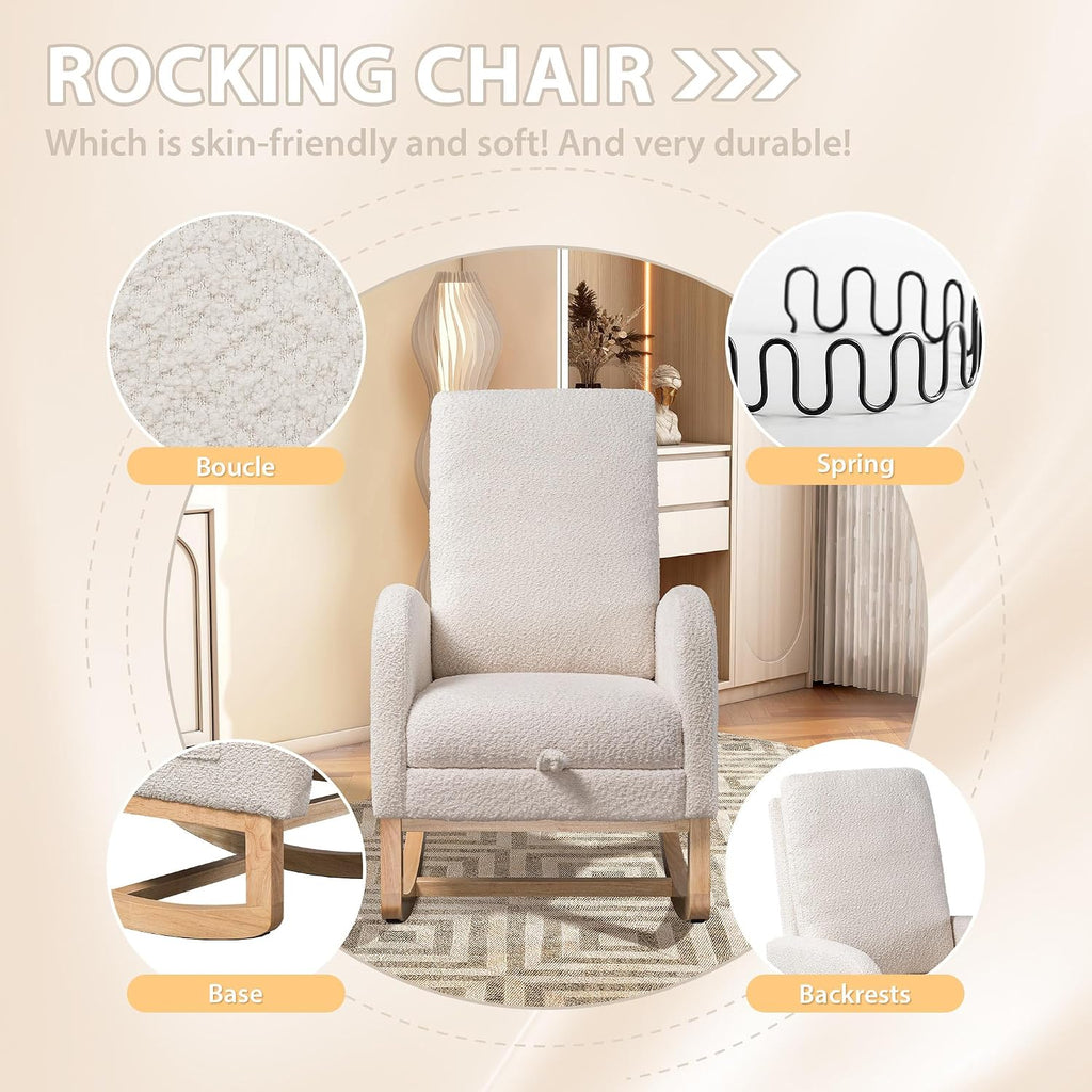 Aoiy & Wifon Rocking Chair Nursery, Modern Nursery Rocking Chairs with Side Pocket & Footrest, Upholstered Rocking Chair Nursery Glider, Boucle, Ivory