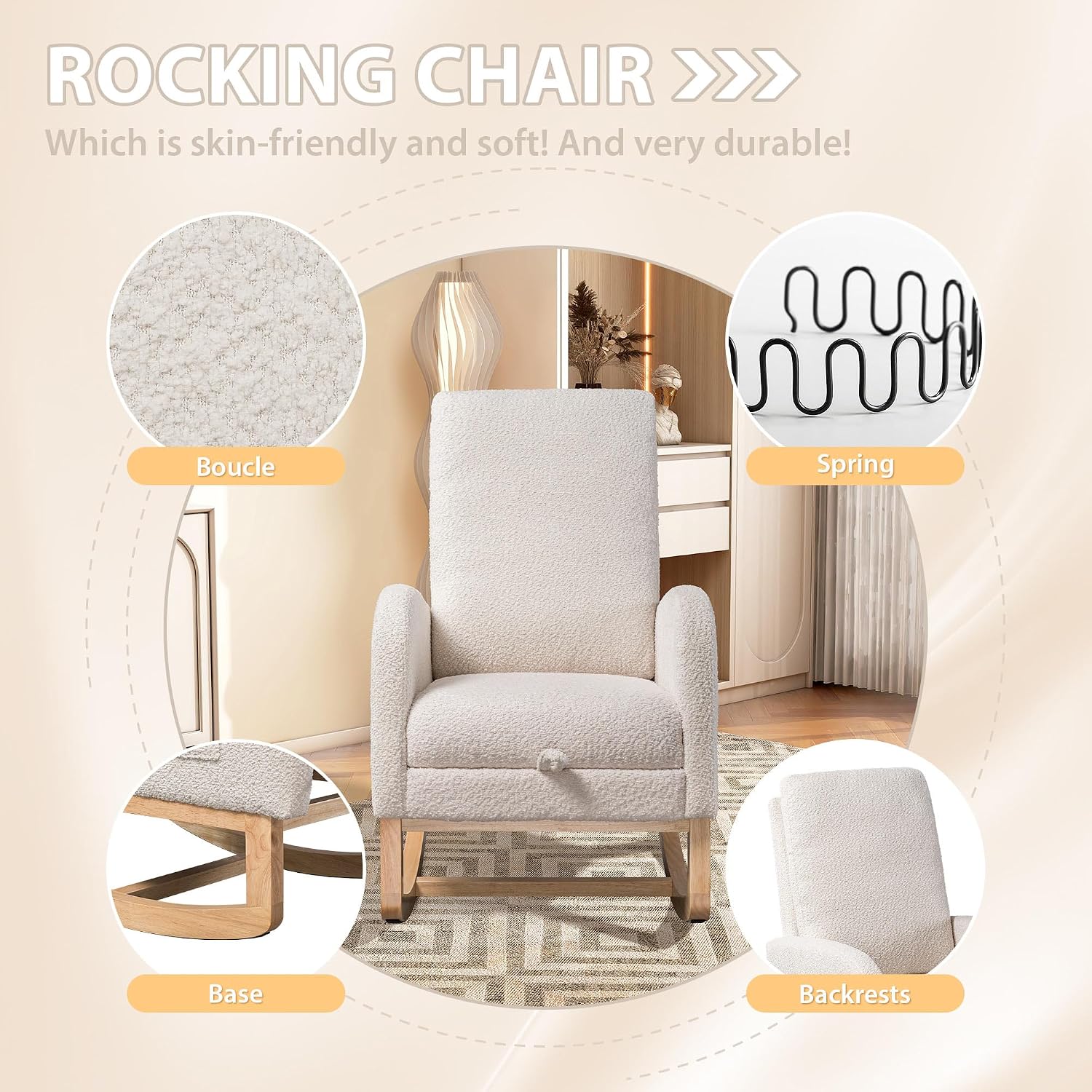 Aoiy & Wifon Rocking Chair Nursery, Modern Nursery Rocking Chairs with Side Pocket & Footrest, Upholstered Rocking Chair Nursery Glider, Boucle, Ivory