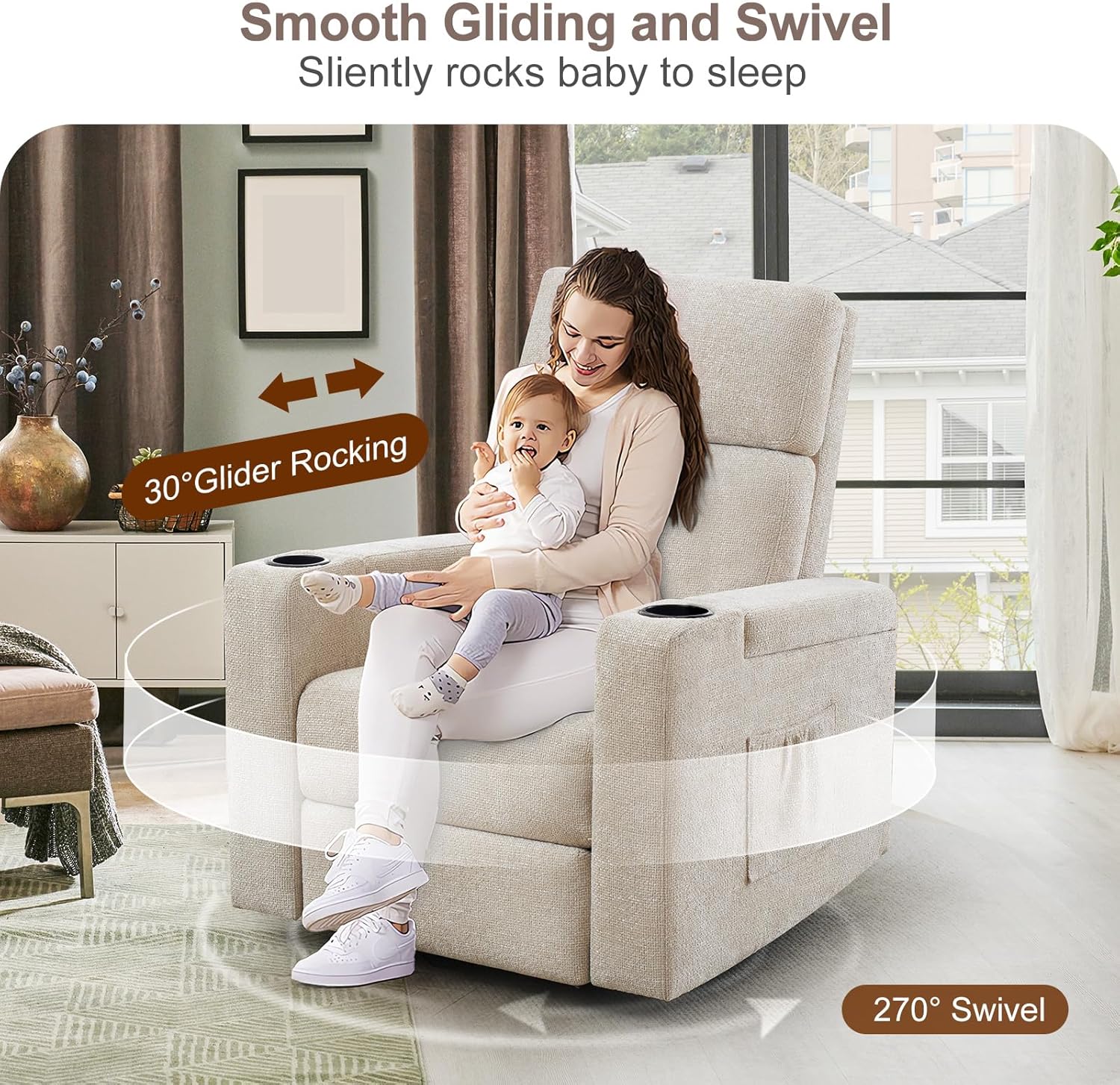 ABCASA Power Recliner Rocking Chair Nursery Glider, Swivel Reclining Nursery Rockers for Baby Room & Living Room, Chenille Chair with Phone Holder, USB/Type-C Ports, Arm Storage, Light Brown
