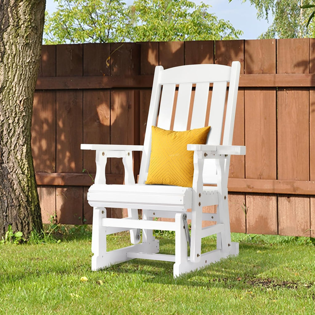VINGLI Outdoor Glider Chair Wood Patio Glider with Cup Holder, Porch Glider with Smooth Rocking Mechanism, Heavy Duty 600 LBS, White