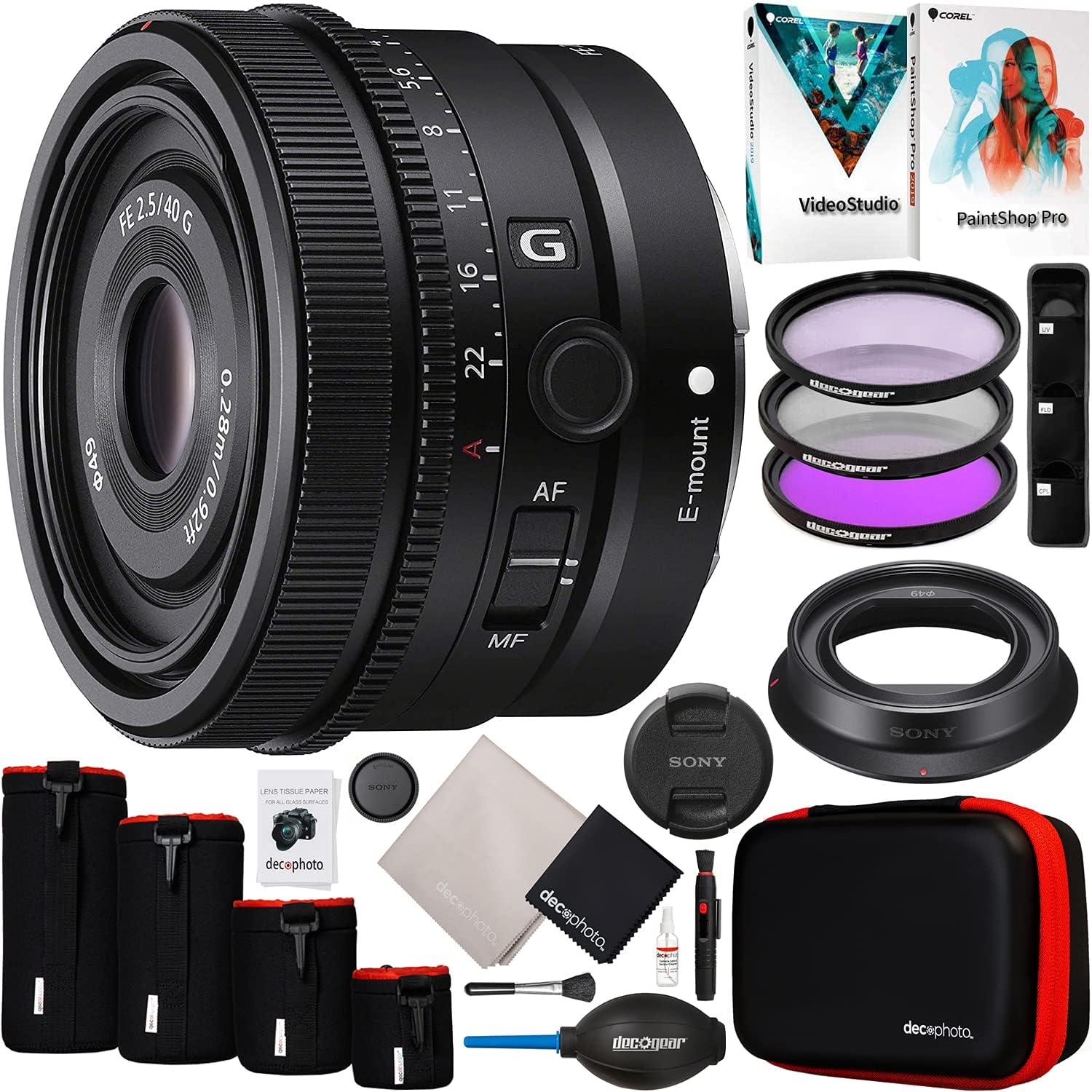 Sony FE 40mm F2.5 G Full Frame Ultra Compact Lens SEL40F25G for E-Mount Mirrorless Cameras Bundle with 49mm UV/Polarizer/FLD Filter Kit + Deco Photo Protective Case 4 Pack + Software and Accessories