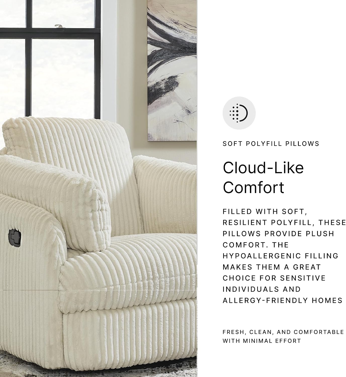 Signature Design by Ashley Tie-Breaker Cozy Contemporary Manual Press-Back Swivel Glider Rocker Recliner with 2 Bolster Pillows and Hidden Storage, White