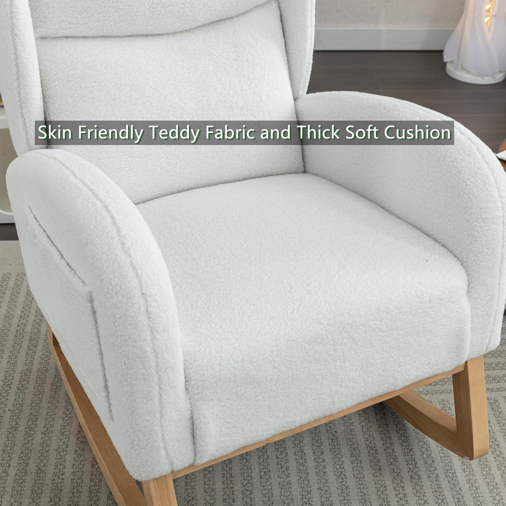 Setawix Teddy Rocking Glider Chair for Nursery,Upholstered Living Room Rocker Arm Chair,Leisure Sherpa Wingback Armchair,Mid Century Modern Rocking Accent Chair with Side Pockets (Wingback Ivory)