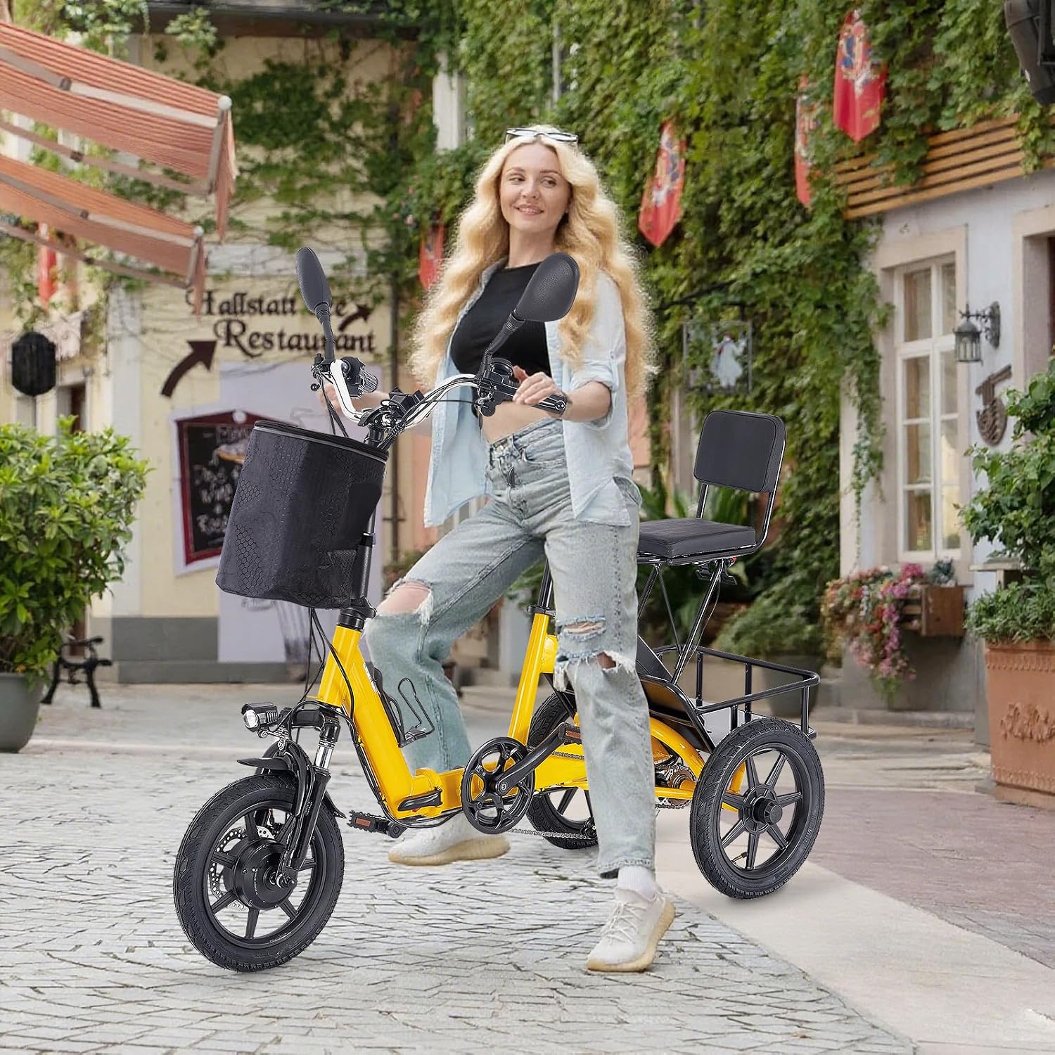 E Trike Electric Bike, 350W(Peak 500W) Brushless Motor Folding Trike, 2 Seats Ebike, 480Wh Removable Battery, Step-Thru 3 Wheel Electric Bicycle, Up to 45 Miles, Tricycle for Adults Parents