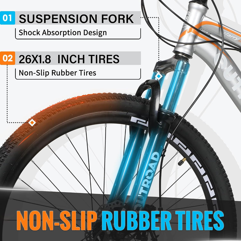Outroad 26 Inch Mountain Bike, 7/21-Speed/High-Carbon Steel/Aviation Grade Frame, Dual Disc/V Brake, Adjustable Ergonomic Seat Bicycle for Men Women Adult, Quick Assembly in 20 Minutes