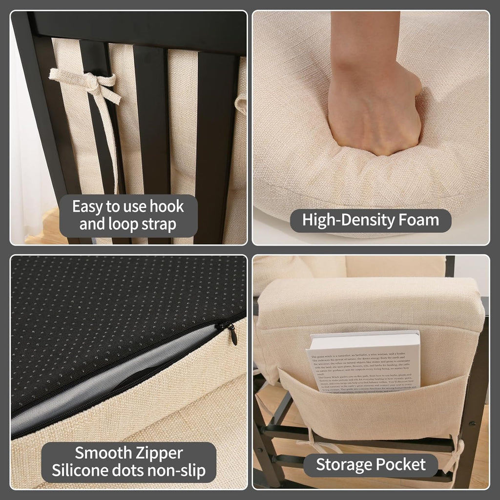 BUYUE Glider Rocker Replacement Cushion 5 PCS with Ties, Linen High-Density Foam Non-Slip & Washable Rocking Chair Pads for Sitting, Beige