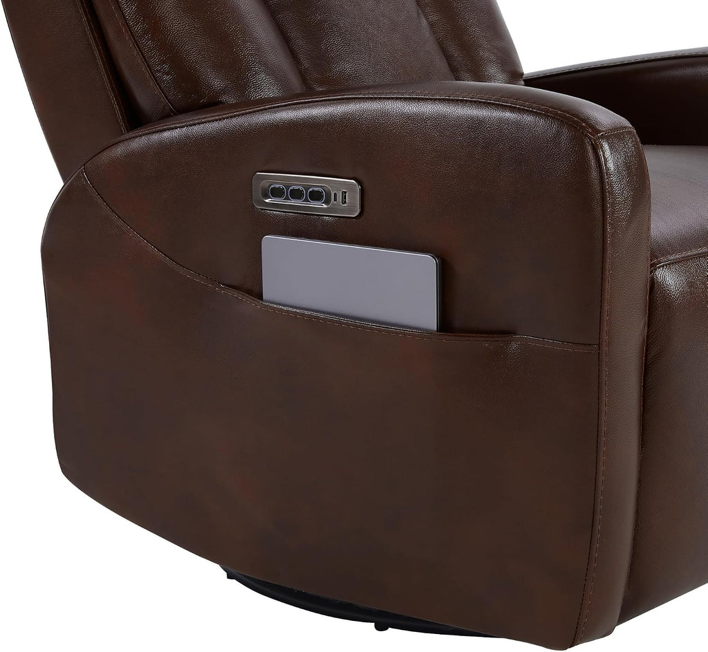 CHITA Leather Power Swivel Recliner Chair for Adults, Triple Motor Electric Rocker Recliner for Living Room with Adjustable Headrest and Lumbar Support, USB & Type-C Charging Ports, Cognac Brown