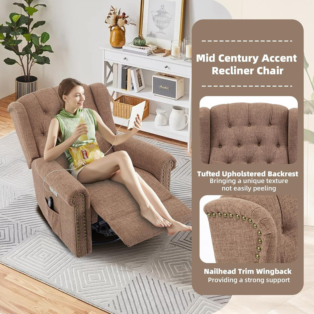 Power Swivel Rocking Glider Recliner Chair with Massage and Heat, Electric Nursery Glider Rocker for Living Room, Wingback Tufted Upholstered Recliner Chair with Type-C & USB Ports, Brown