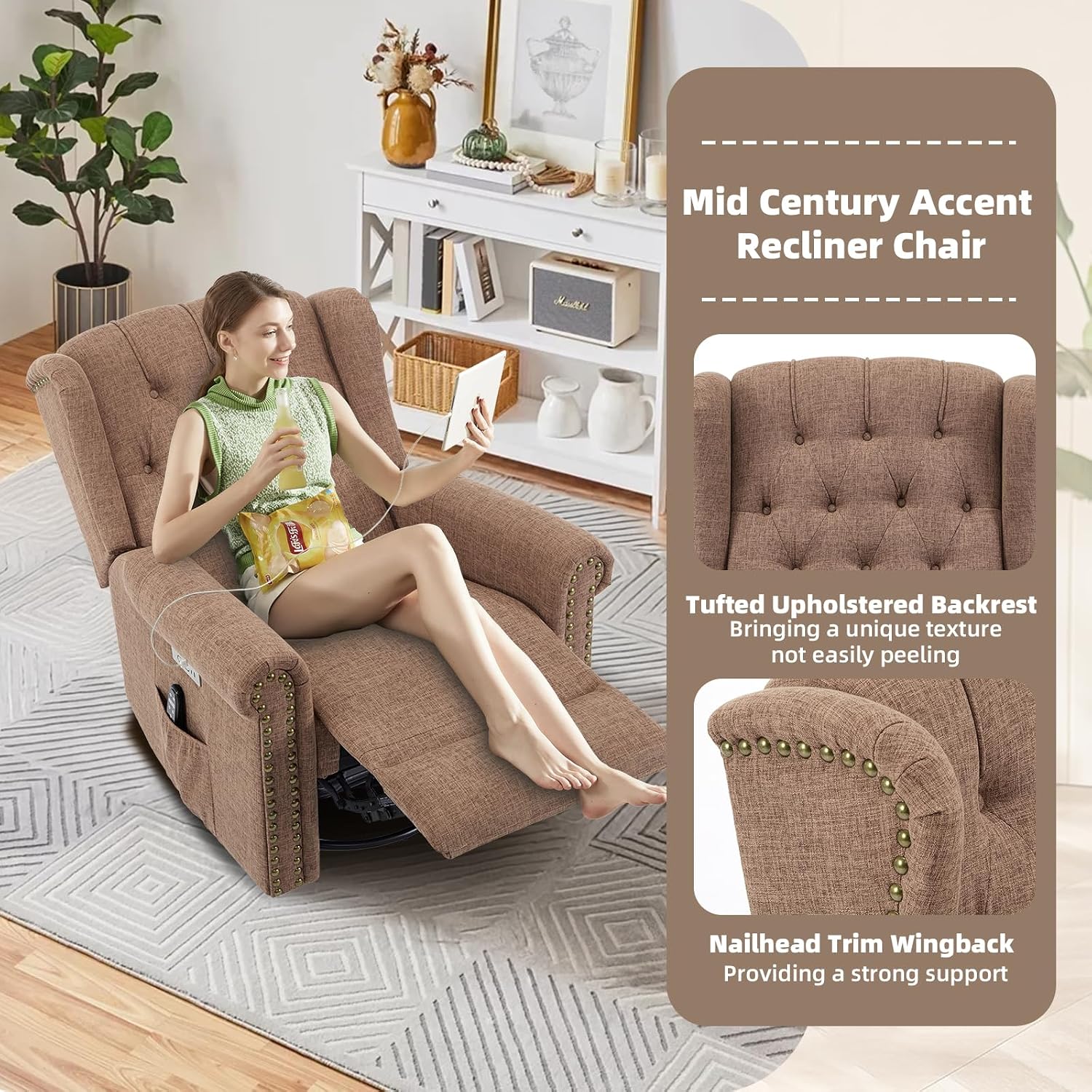 Power Swivel Rocking Glider Recliner Chair with Massage and Heat, Electric Nursery Glider Rocker for Living Room, Wingback Tufted Upholstered Recliner Chair with Type-C & USB Ports, Brown
