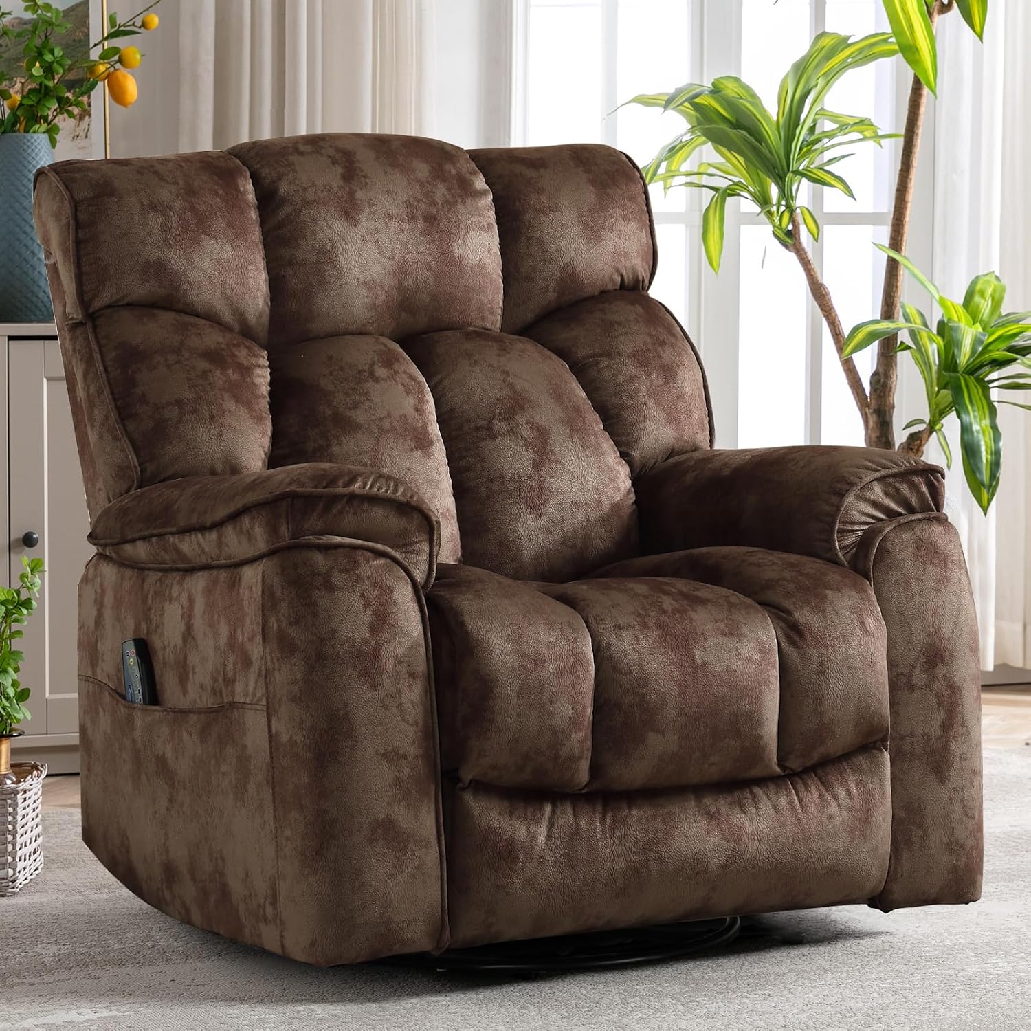 INZOY Oversized Rocker Recliner with Heat and Vibration, Manual Swivel Rocking Chair with Vibrating Massage, Comfy Padded Overstuffed Soft Fabric Heated Recliner, Brown