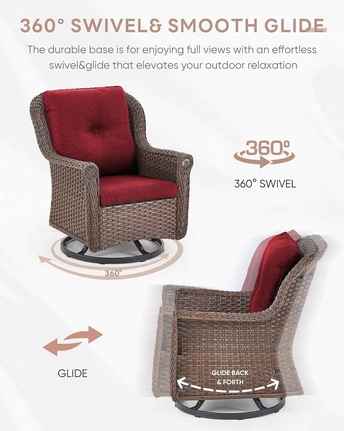 Patio Chairs Outdoor Swivel Glider - Set of 2 High Back Outside Brown Wicker Rattan Rocking Chair with Thick Cushion for Porch Apartment Deck Yard Poolside Garden - Red