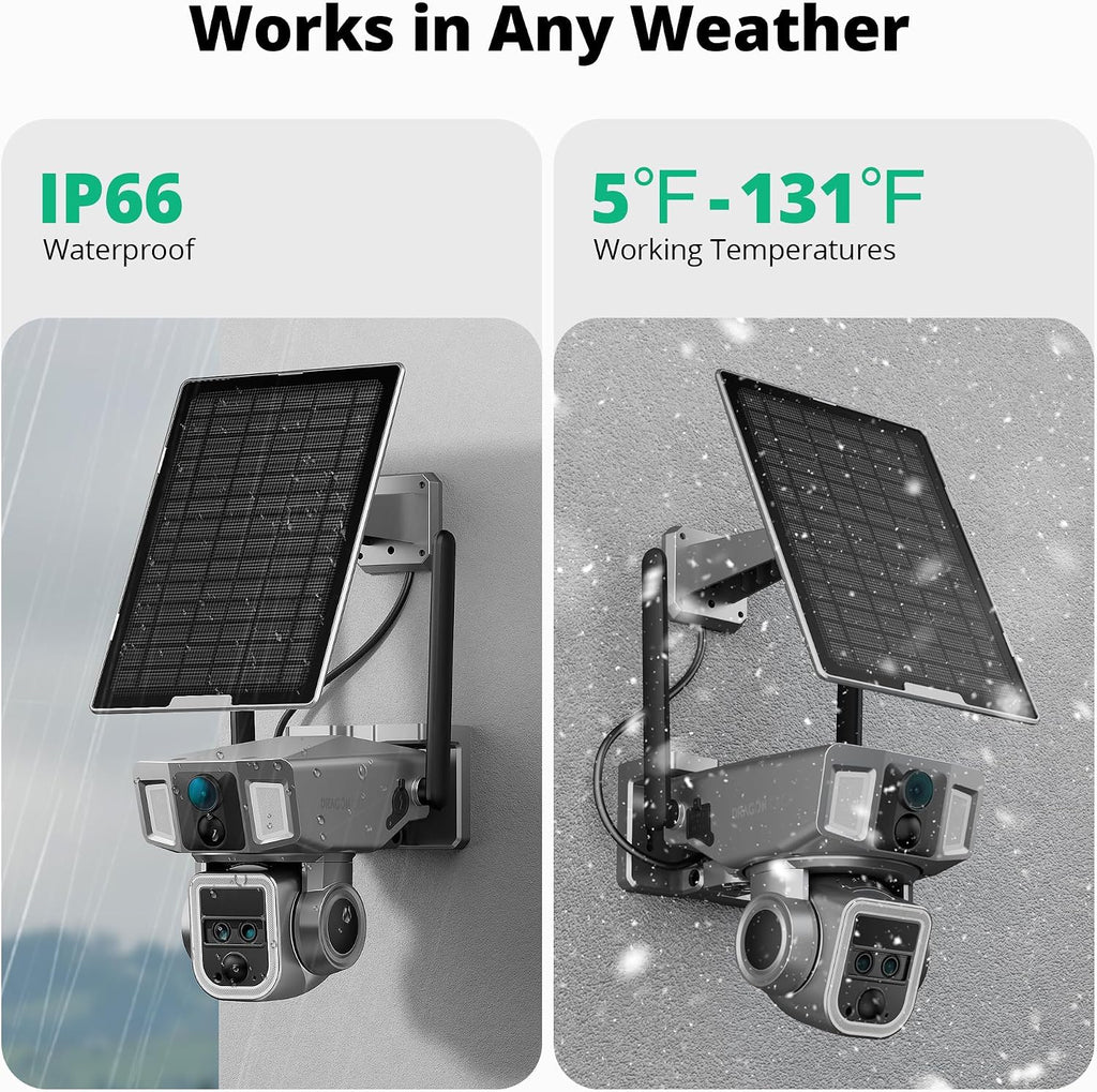 Dragon Touch 4G Cellular Security Camera, 4K Wireless Outdoor Solar Camera Triple Lens Bullet-PTZ Cam, 4G or WiFi, 10x Optical Zoom, 360° View, AI Tracking, with SIM Card, Local Storage