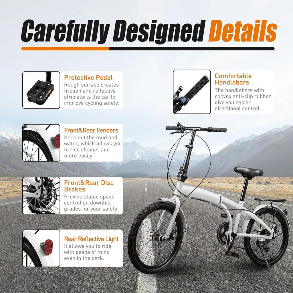 20' Foldable Bicycle, 7 Speed Non-Slip Folding Bike W/Dual Disc Brake & Adjustable Design, Folding Bikes for Adult City Commuter Bicycle